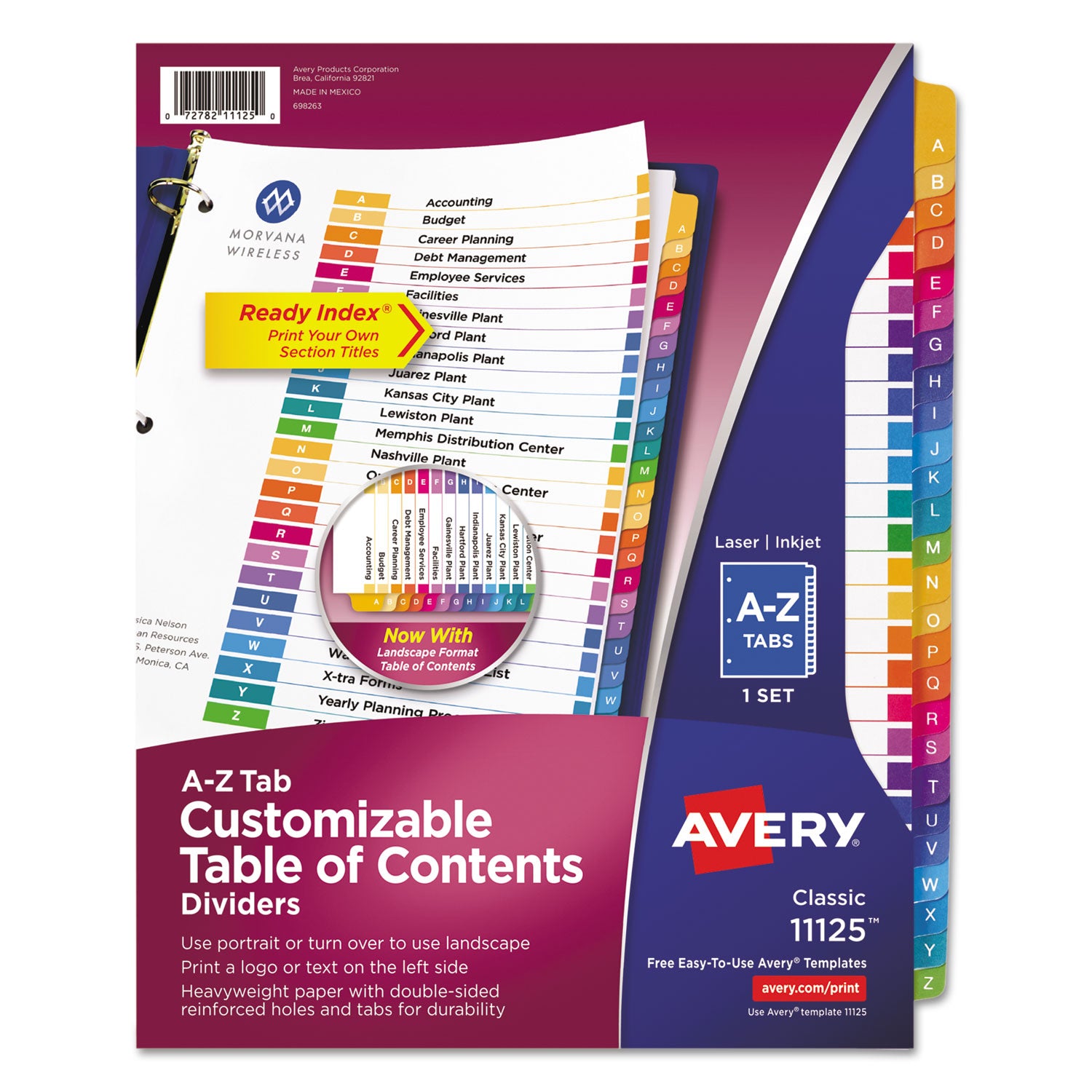 Avery Customizable TOC Ready Index Multicolor Tab Dividers, 26-Tab, A to Z, 11 x 8.5, White, Traditional Color Tabs, 1 Set (11125)