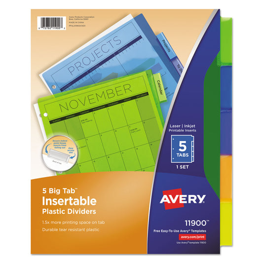 Avery Insertable Big Tab Plastic Dividers, 5-Tab, 11 x 8.5, Assorted, 1 Set (11900)