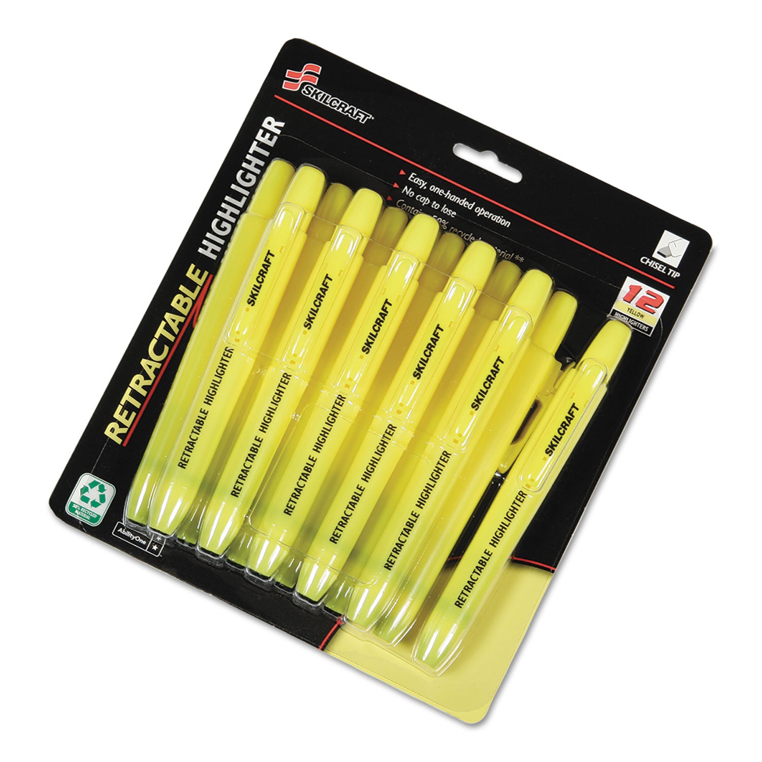 AbilityOne 7520015548210, SKILCRAFT Retractable Highlighter, Yellow Ink, Chisel Tip, Yellow Barrel, Dozen