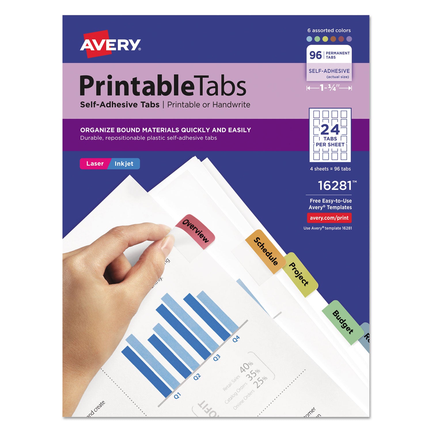 Avery Printable Plastic Tabs with Repositionable Adhesive, 1/5-Cut, Assorted Colors, 1.25" Wide, 96/Pack (16281)