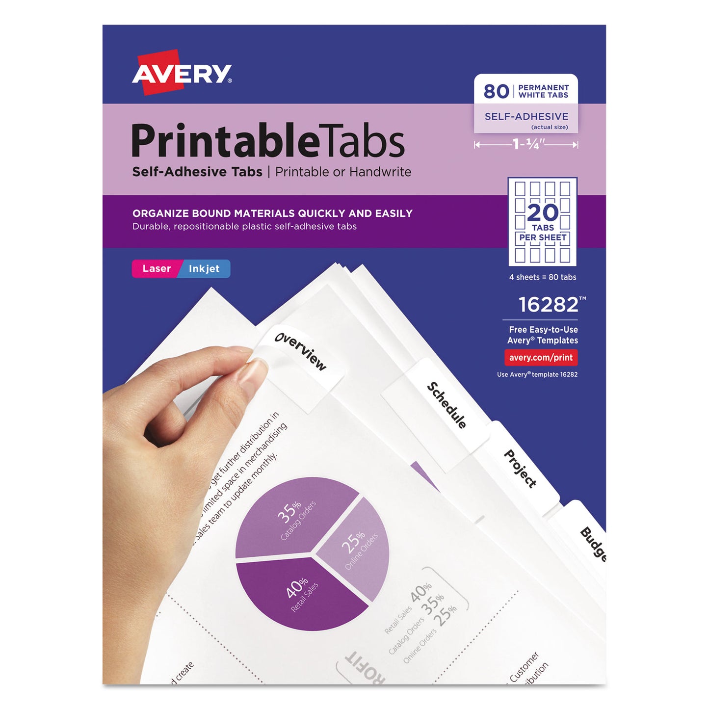 Avery Printable Plastic Tabs with Repositionable Adhesive, 1/5-Cut, White, 1.75" Wide, 80/Pack (16282)