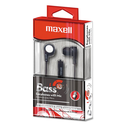 Maxell B-13 Bass Earbuds with Microphone, 52" Cord, Black (199621)