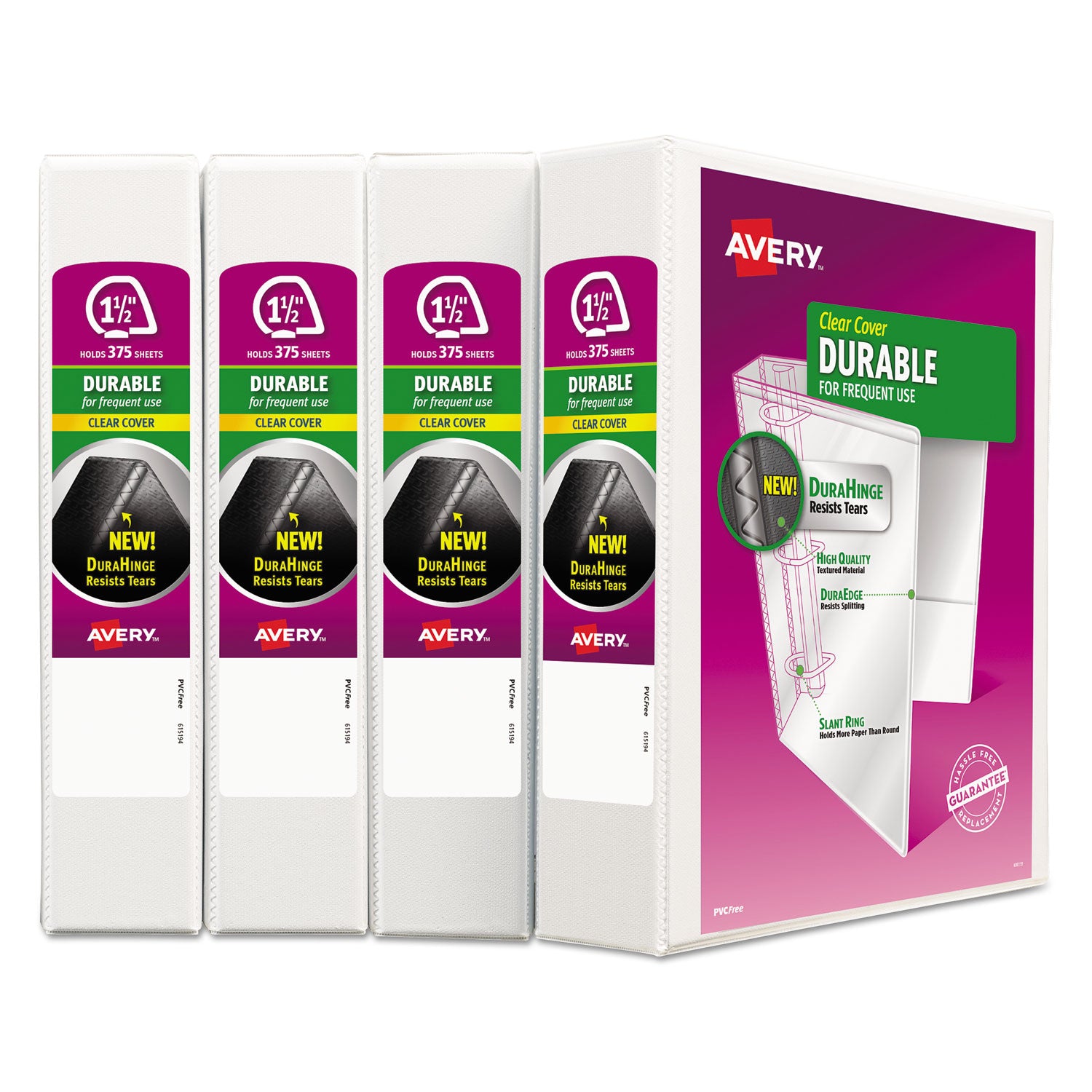 Avery Durable View Binder with DuraHinge and Slant Rings, 3 Rings, 1.5" Capacity, 11 x 8.5, White, 4/Pack (17576)