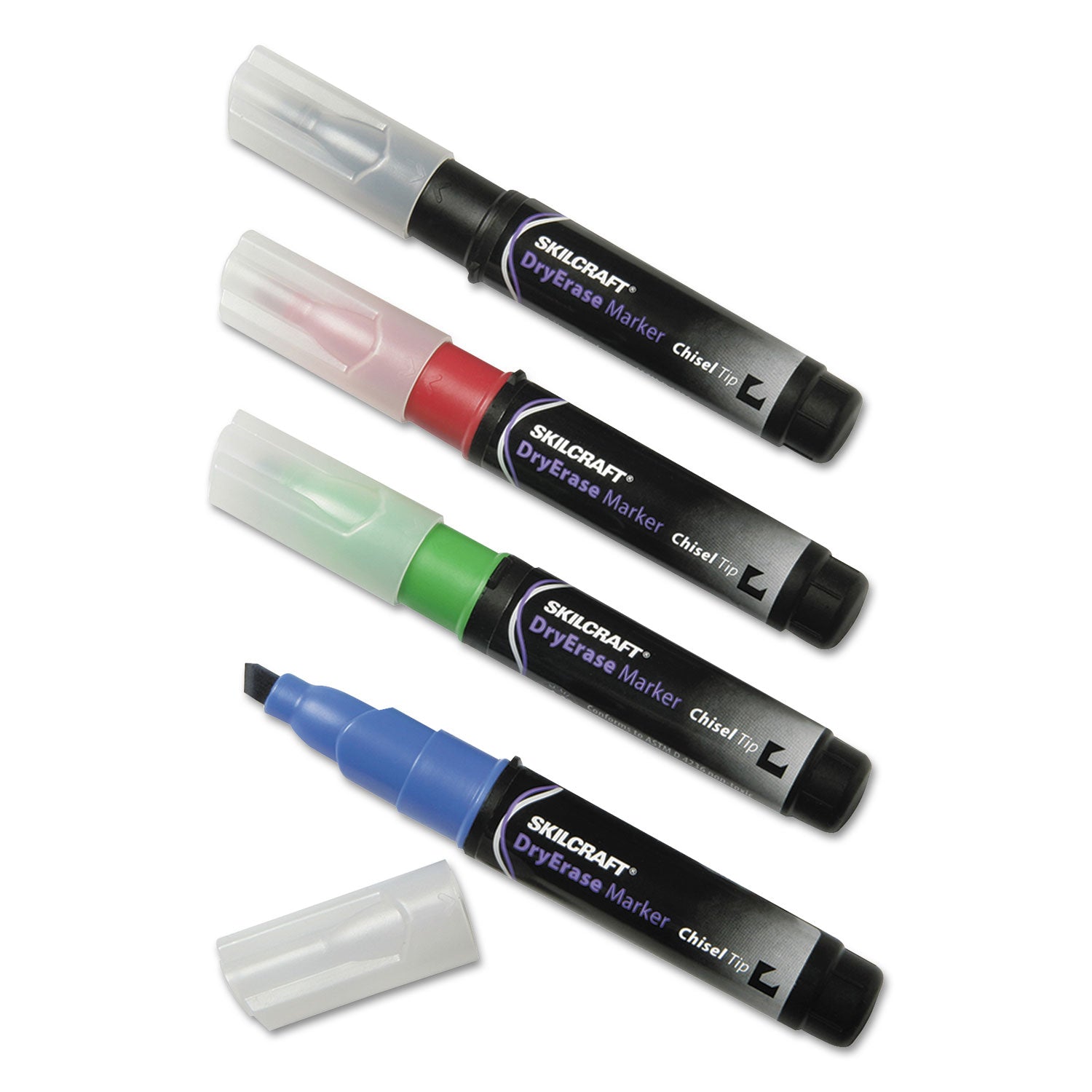 AbilityOne 7520015538142, SKILCRAFT Dry Erase Marker, Broad Chisel Tip, Assorted Colors, 4/Set