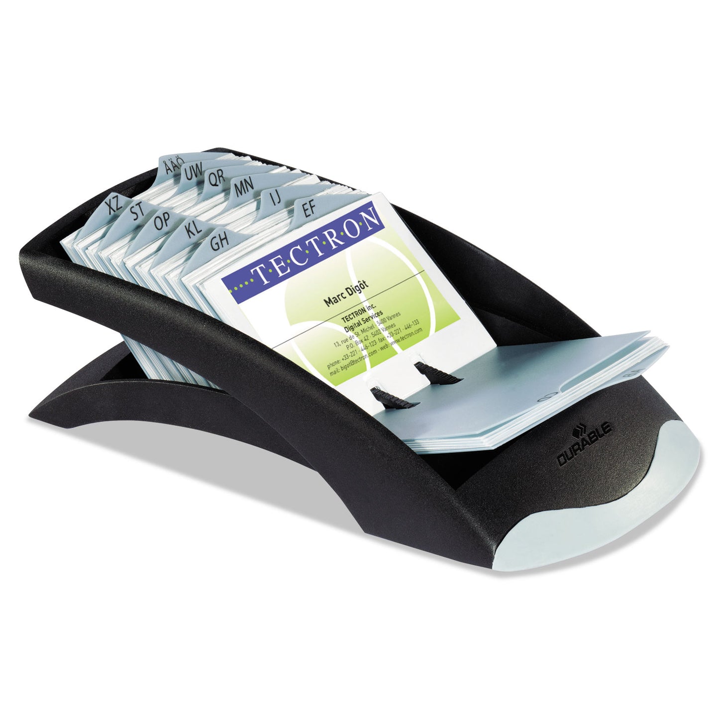 Durable VISIFIX Desk Business Card File, Holds 200 2.88 x 4.13 Cards, 5 x 9.31 x 3.56, Plastic, Graphite/Black (241301)