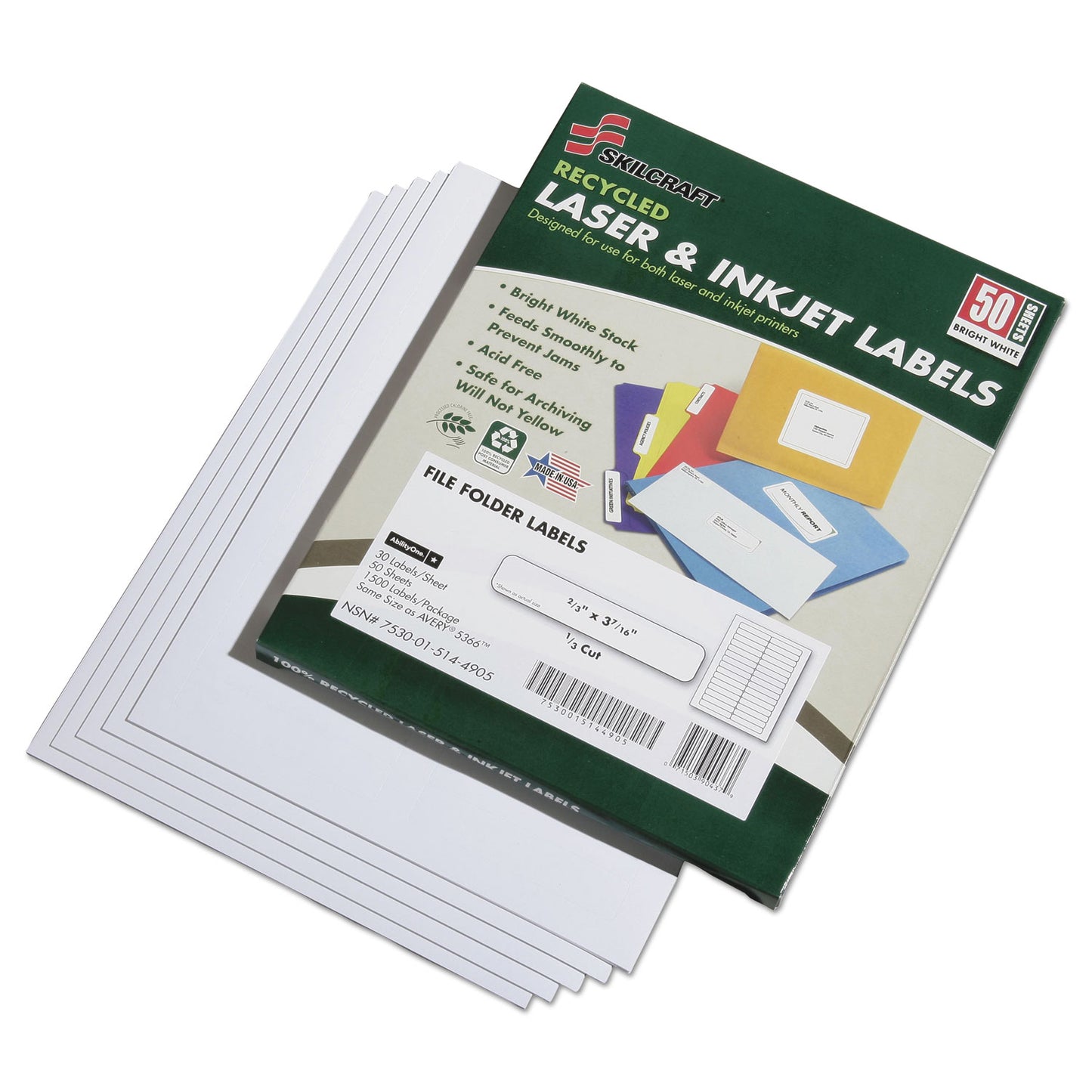 AbilityOne 7530015144905, SKILCRAFT Recycled Laser and Inkjet Labels, 0.66 x 3.44, White, 30/Sheet, 50 Sheets/Box