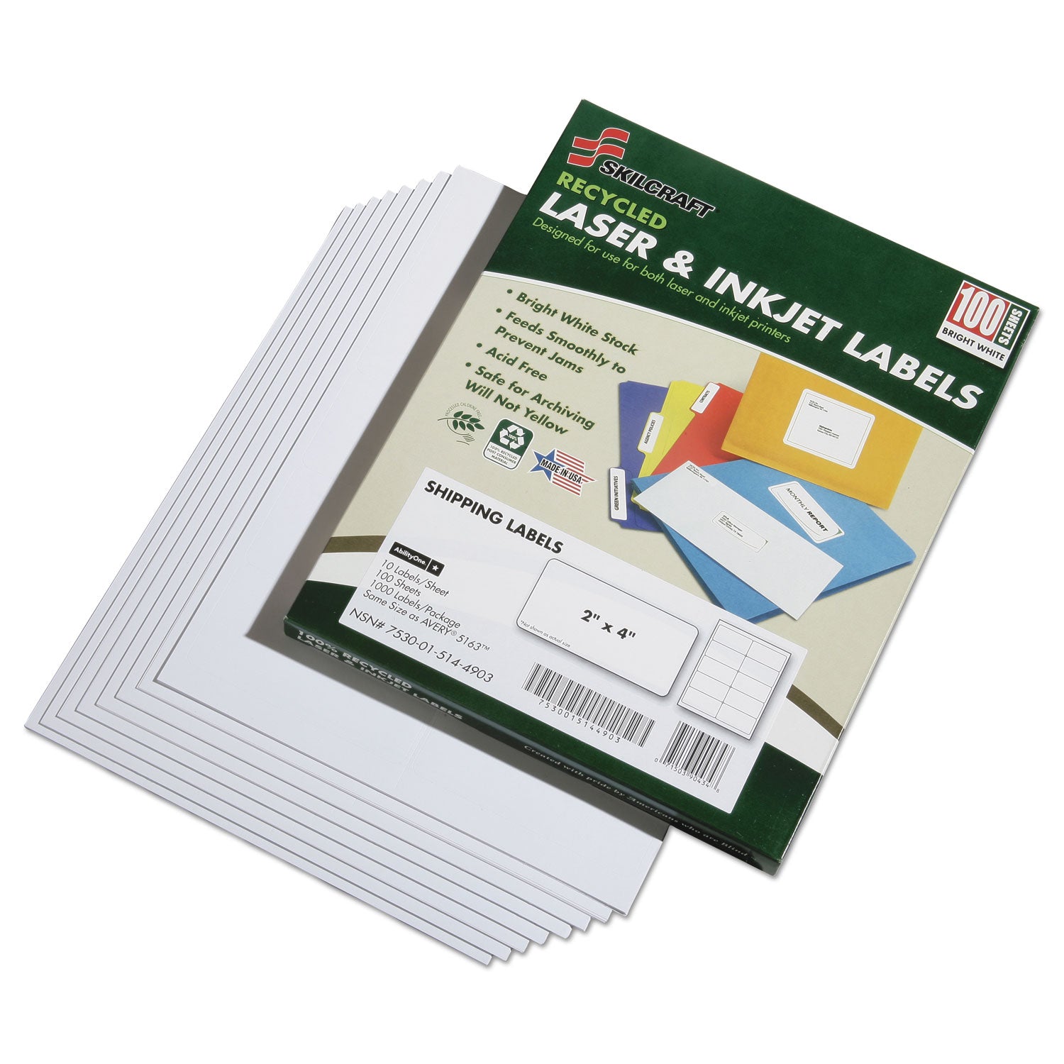 AbilityOne 7530015144903, SKILCRAFT Recycled Laser and Inkjet Labels, Inkjet/Laser Printers, 2 x 4, White, 10/Sheet, 100 Sheets/Box