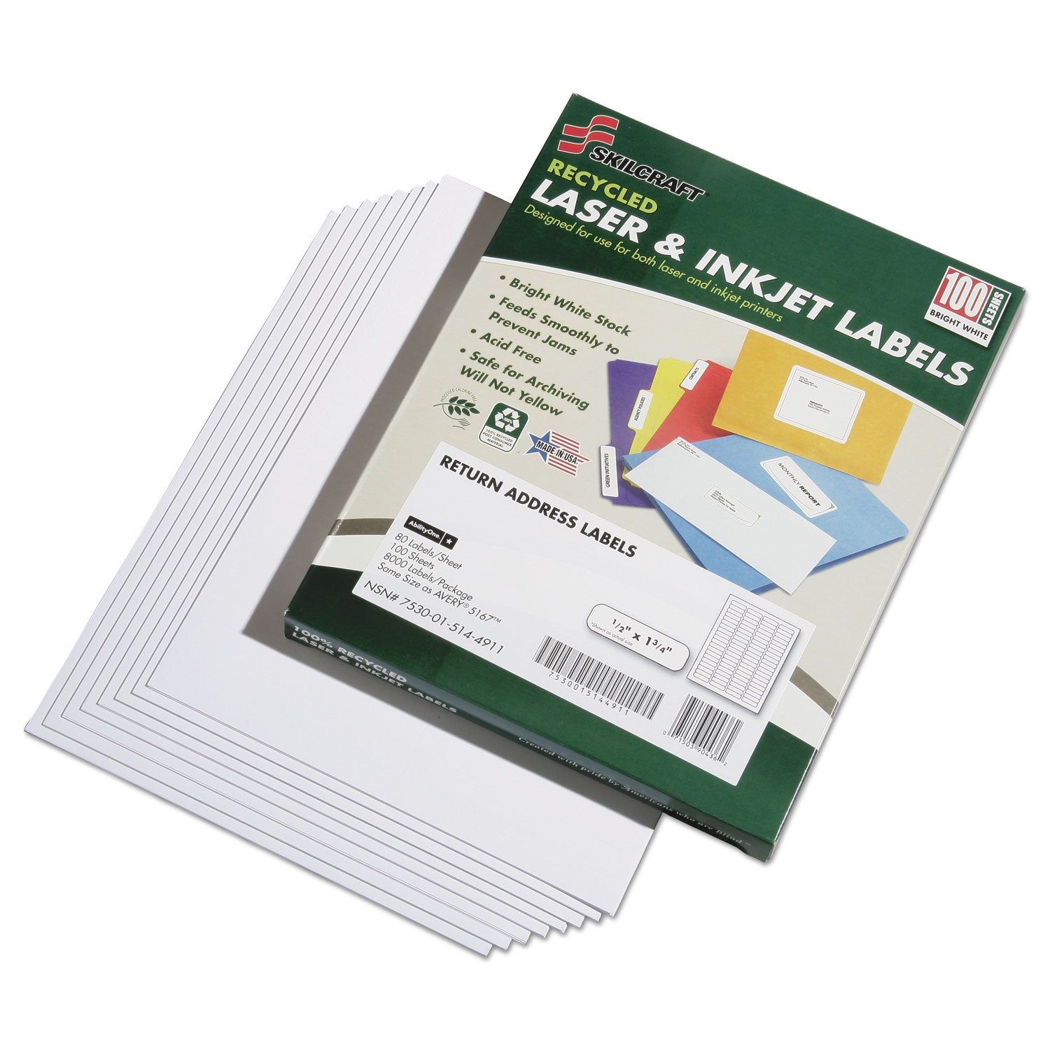 AbilityOne 7530015144911, SKILCRAFT Recycled Laser and Inkjet Labels, Inkjet/Laser Printers, 0.5 x 1.75, White, 80/Sheet, 100 Sheets/Box