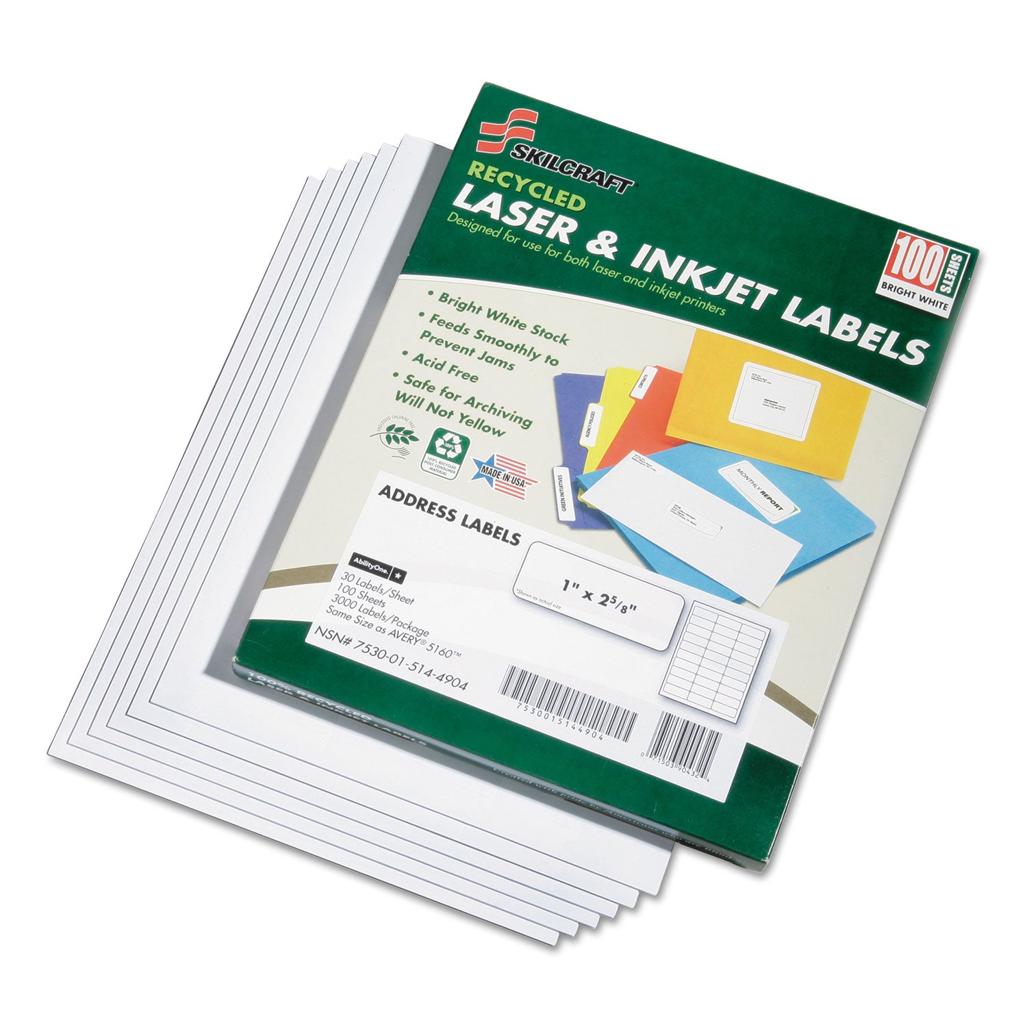 AbilityOne 7530015144904, SKILCRAFT Recycled Laser and Inkjet Labels, Inkjet/Laser Printers, 1 x 2.63, White, 30/Sheet, 100 Sheets/Box