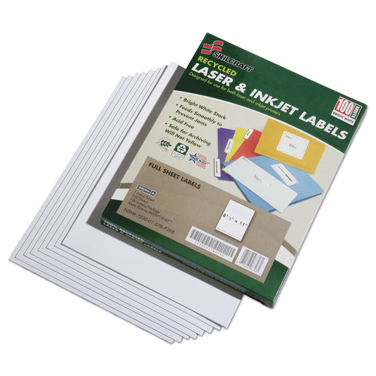 AbilityOne 7530015789298, SKILCRAFT Recycled Laser and Inkjet Labels, Inkjet/Laser Printers, 8.5 x 11, White, 100/Box