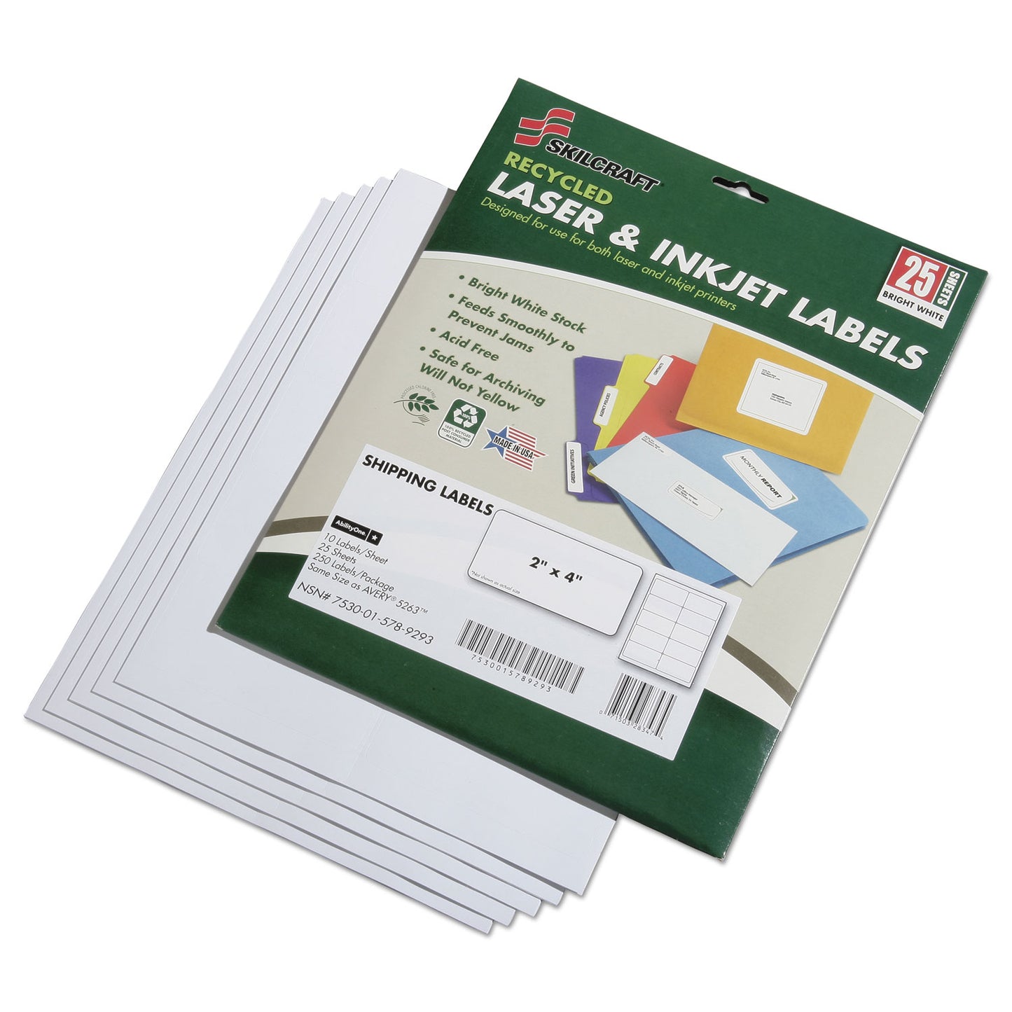 AbilityOne 7530015789293, SKILCRAFT Recycled Laser and Inkjet Labels, Inkjet/Laser Printers, 2 x 4, White, 10/Sheet, 25 Sheets/Pack