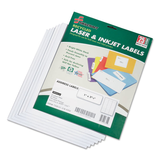 AbilityOne 7530015789292, SKILCRAFT Recycled Laser and Inkjet Labels, Inkjet/Laser Printers, 1 x 2.63, White, 30/Sheet, 25 Sheets/Pack