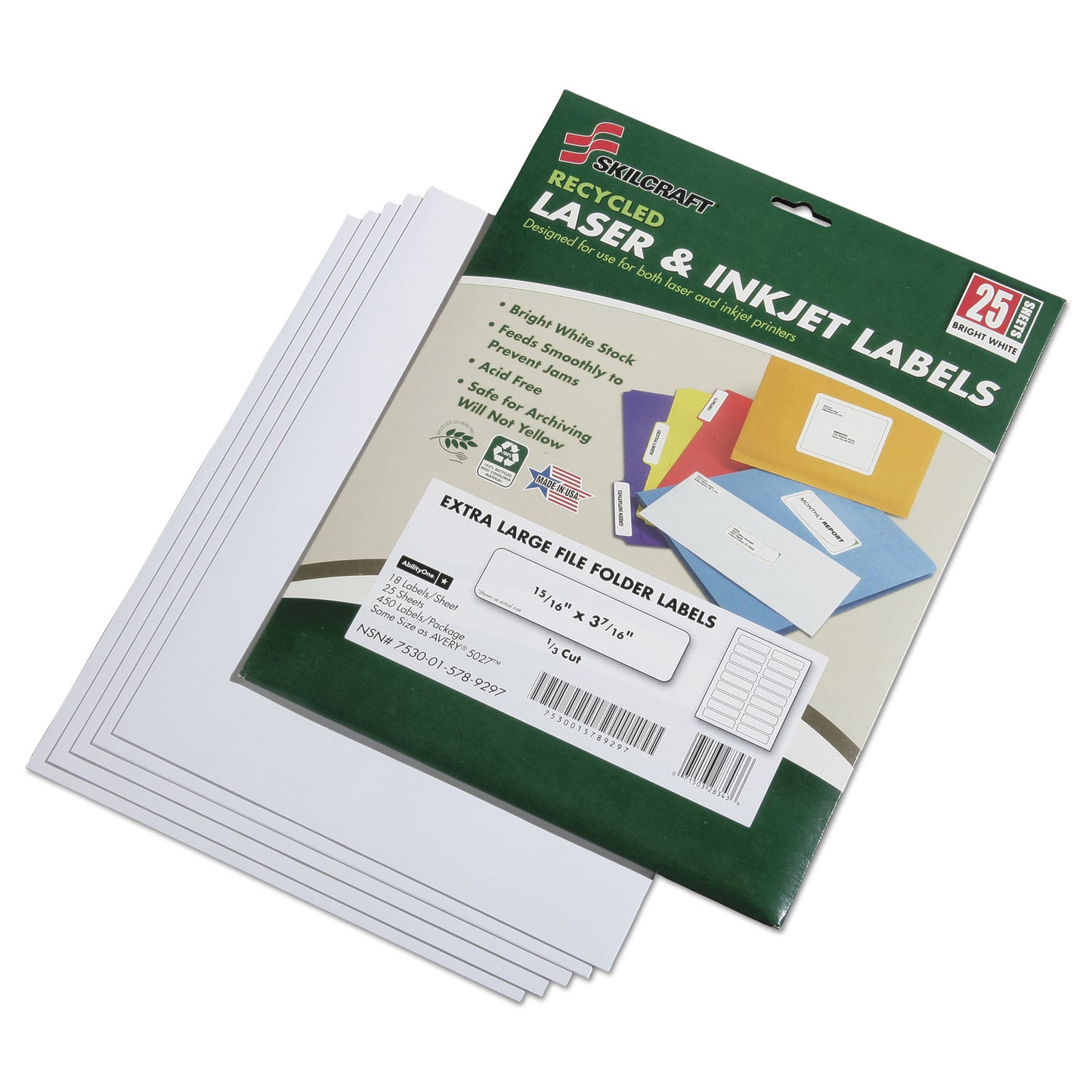 AbilityOne 7530015789297, SKILCRAFT Recycled Laser and Inkjet Labels, 0.94 x 3.44, White, 18/Sheet, 25 Sheets/Pack