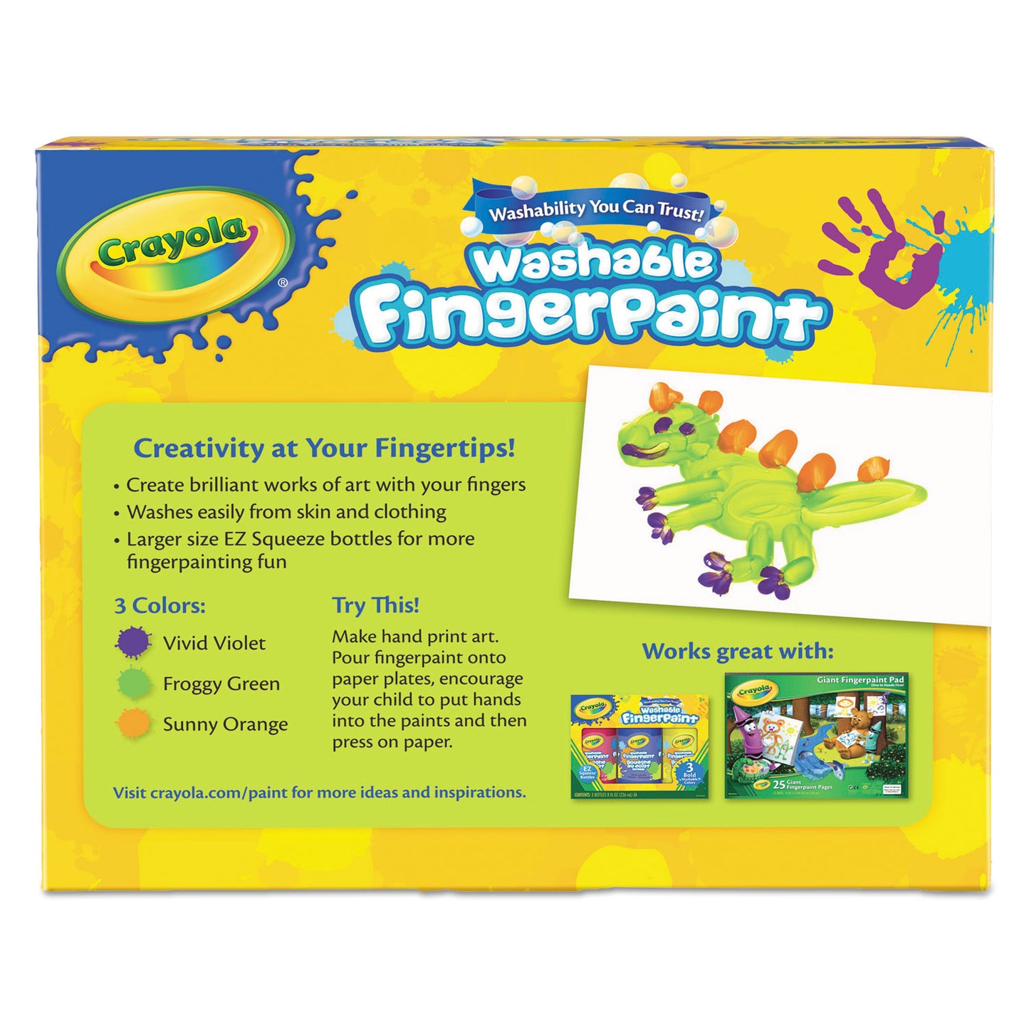 Crayola Washable Fingerpaint Pack, 3 Assorted Bright Colors, 8 oz Tube, 3/Box (551311)