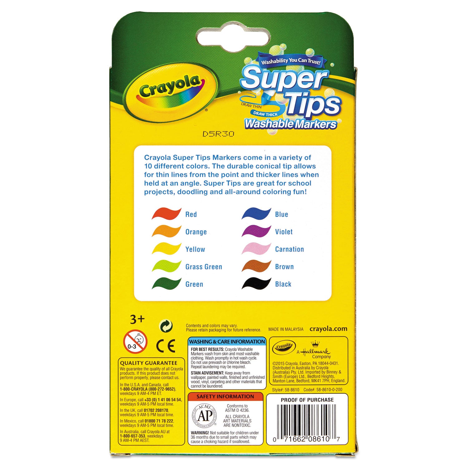 Crayola Washable Super Tips Markers, Fine/Broad Bullet Tips, Assorted Colors, 10/Set (588610)