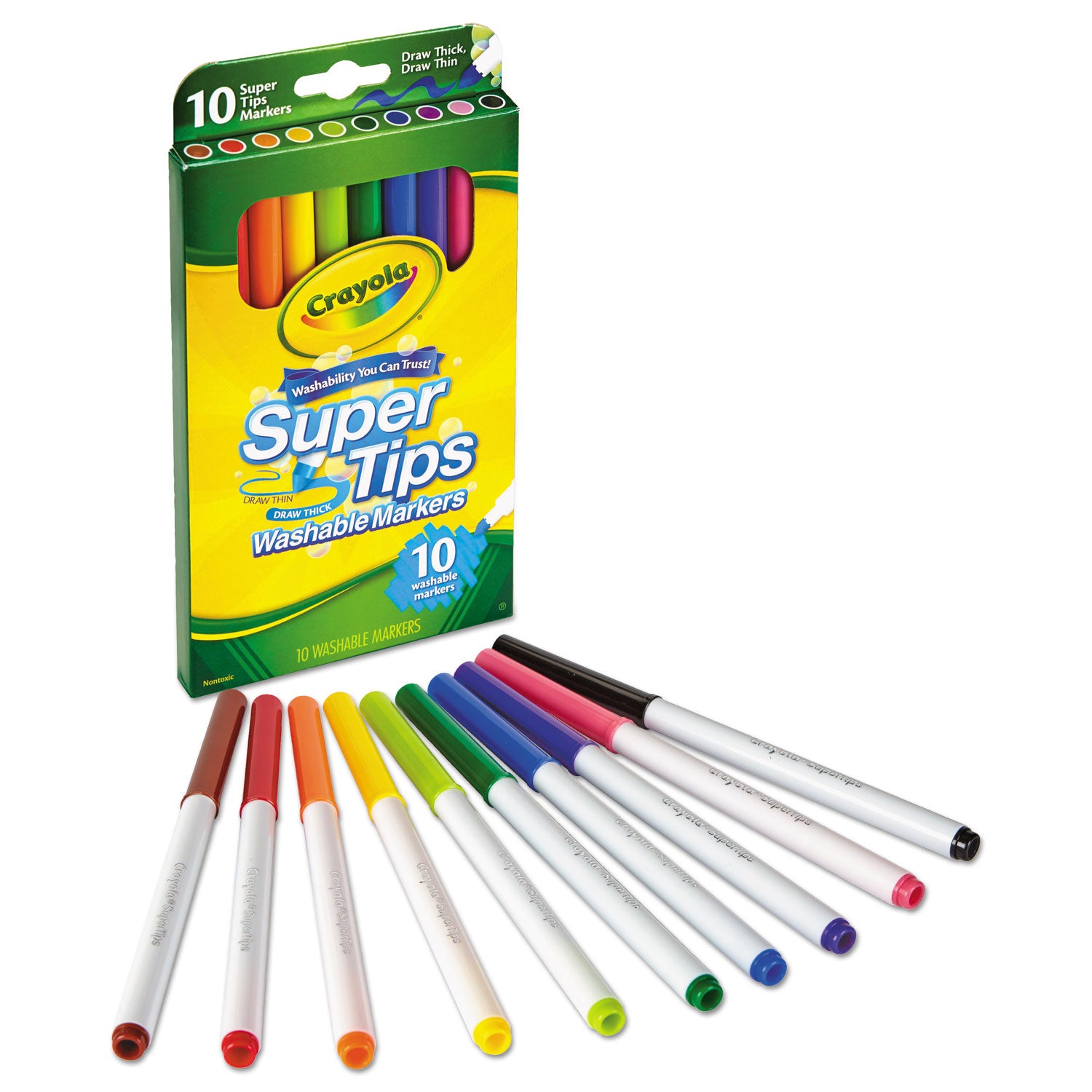 Crayola Washable Super Tips Markers, Fine/Broad Bullet Tips, Assorted Colors, 10/Set (588610)