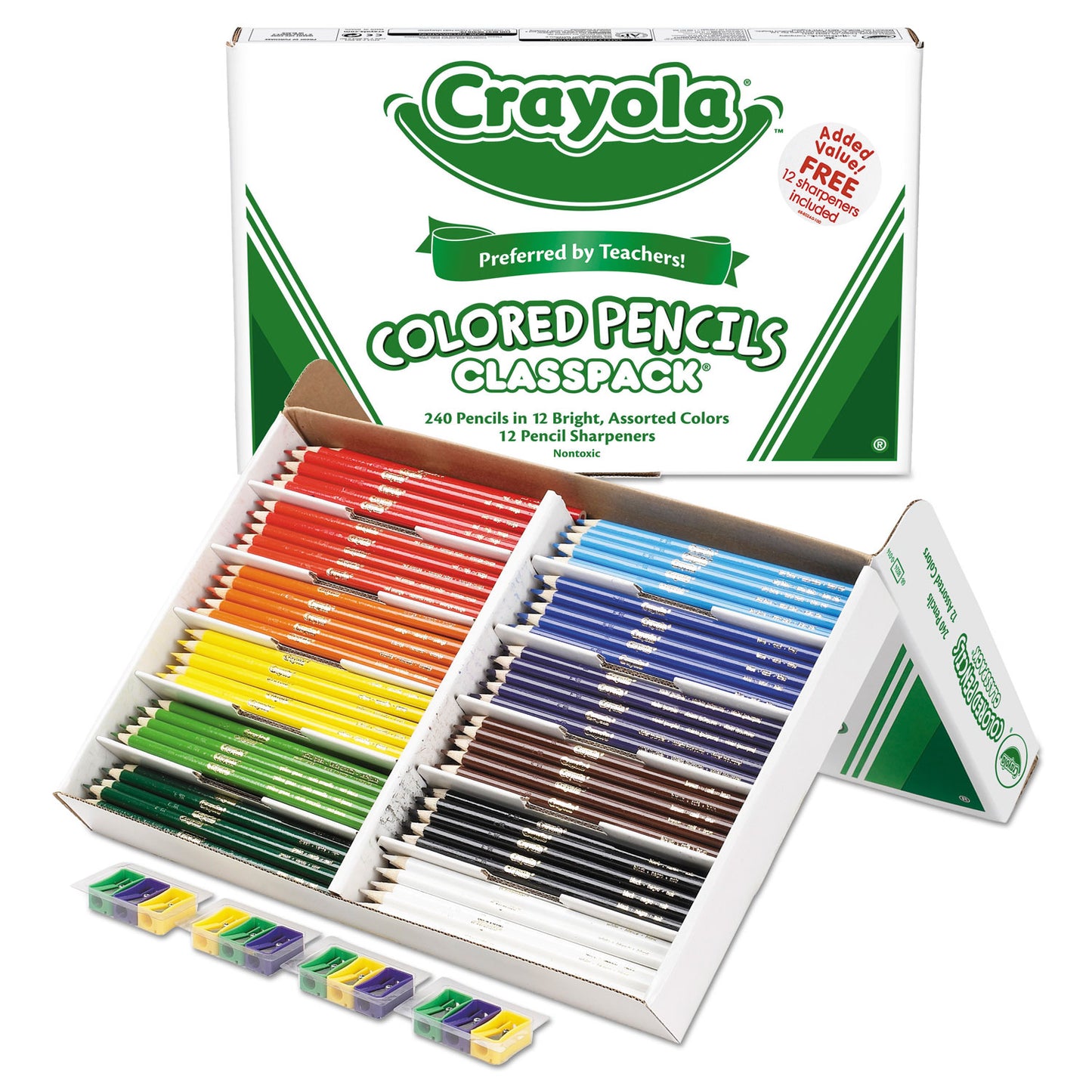 Crayola Color Pencil Classpack Set with (240) Pencils and (12) Pencil Sharpeners, 3.3 mm, 2B, Assorted Lead and Barrel Colors, 240/BX (688024)