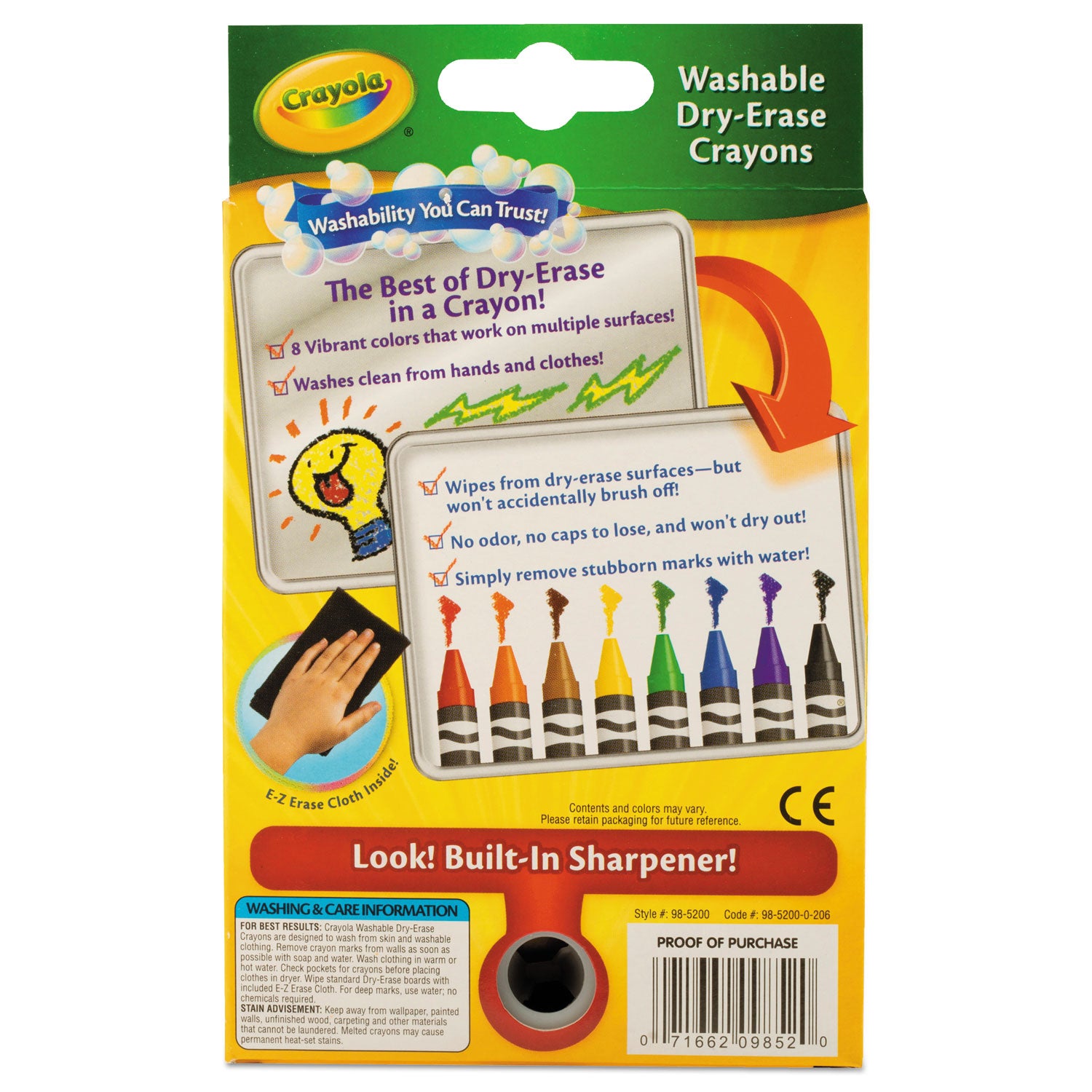Crayola Washable Dry Erase Crayons w/E-Z Erase Cloth, Assorted Colors, 8/Pack (985200)