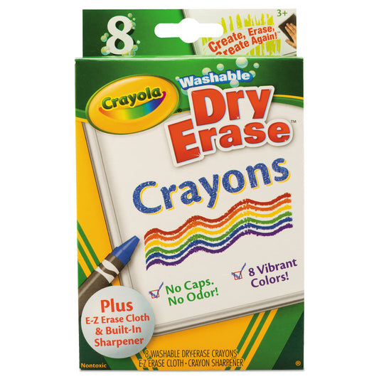 Crayola Washable Dry Erase Crayons w/E-Z Erase Cloth, Assorted Colors, 8/Pack (985200)