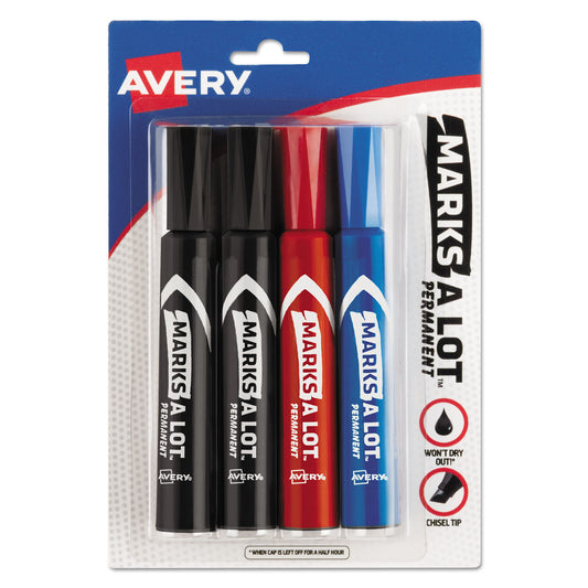 Avery MARKS A LOT Regular Desk-Style Permanent Marker, Broad Chisel Tip, Assorted Colors, 4/Set (7905) (07905)