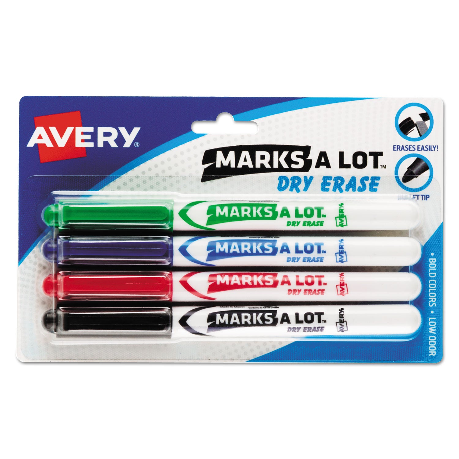Avery MARKS A LOT Pen-Style Dry Erase Markers, Medium Bullet Tip, Assorted Colors, 4/Set (24459)