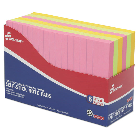 AbilityOne 7530014181212, SKILCRAFT Self-Stick Note Pads, Note Ruled, 4" x 6", Assorted Neon Colors, 100 Sheets/Pad, 6 Pads/Pack