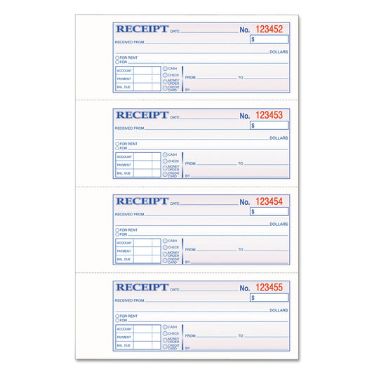 Adams TOPS 3-Part Hardbound Receipt Book, Three-Part Carbonless, 7 x 2.75, 4 Forms/Sheet, 200 Forms Total (TCH1185)