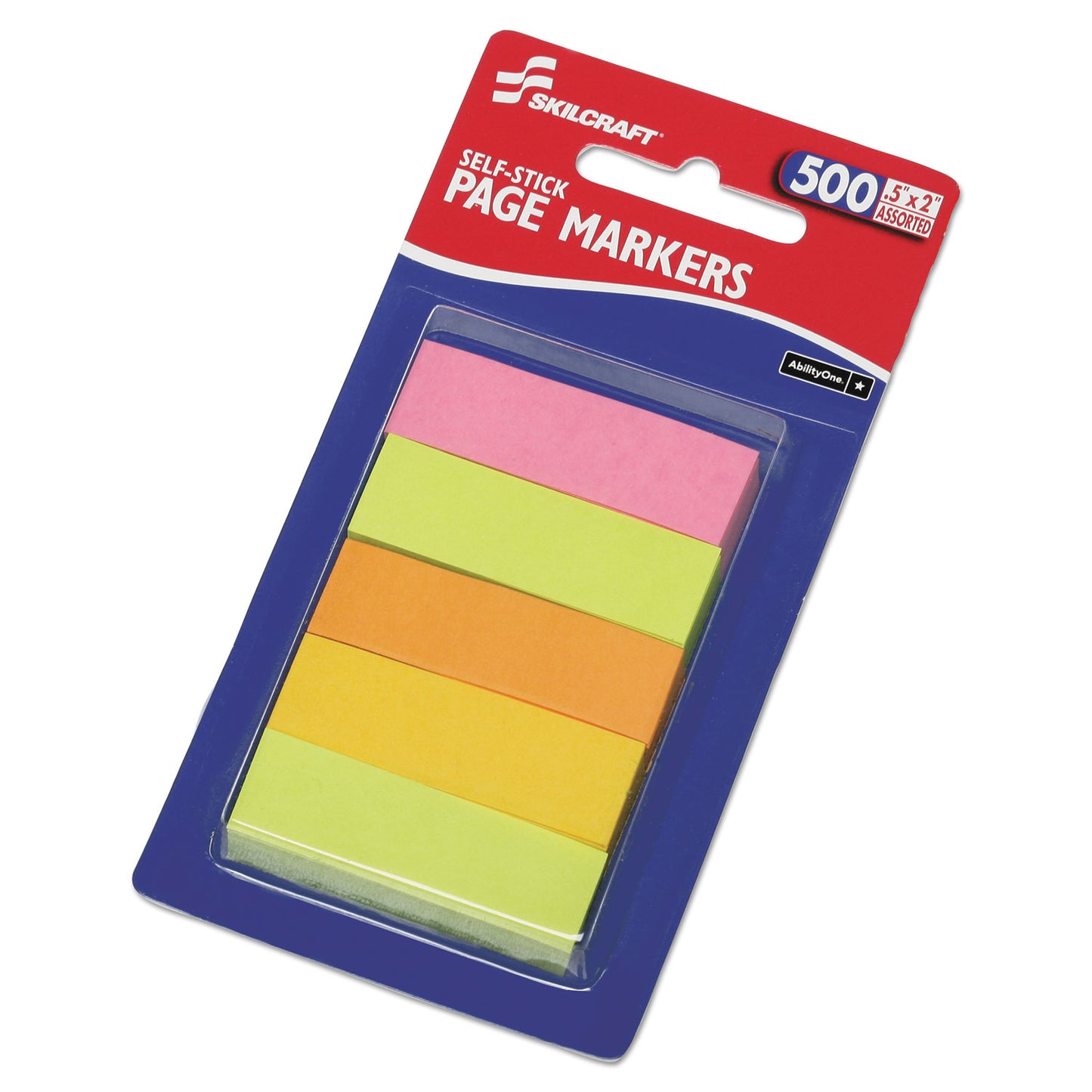 AbilityOne 7510014214751, SKILCRAFT Self-Stick Tabs/Page Markers, 2", Neon, Assorted, 500/Pack