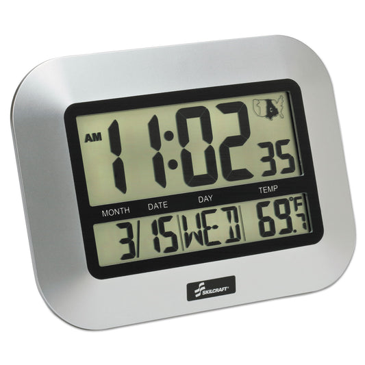 AbilityOne 6645016611877 SKILCRAFT LCD Digital Radio-Controlled Clock, 7.25" x 9.75", Silver Case, 2 AAA (sold separately)