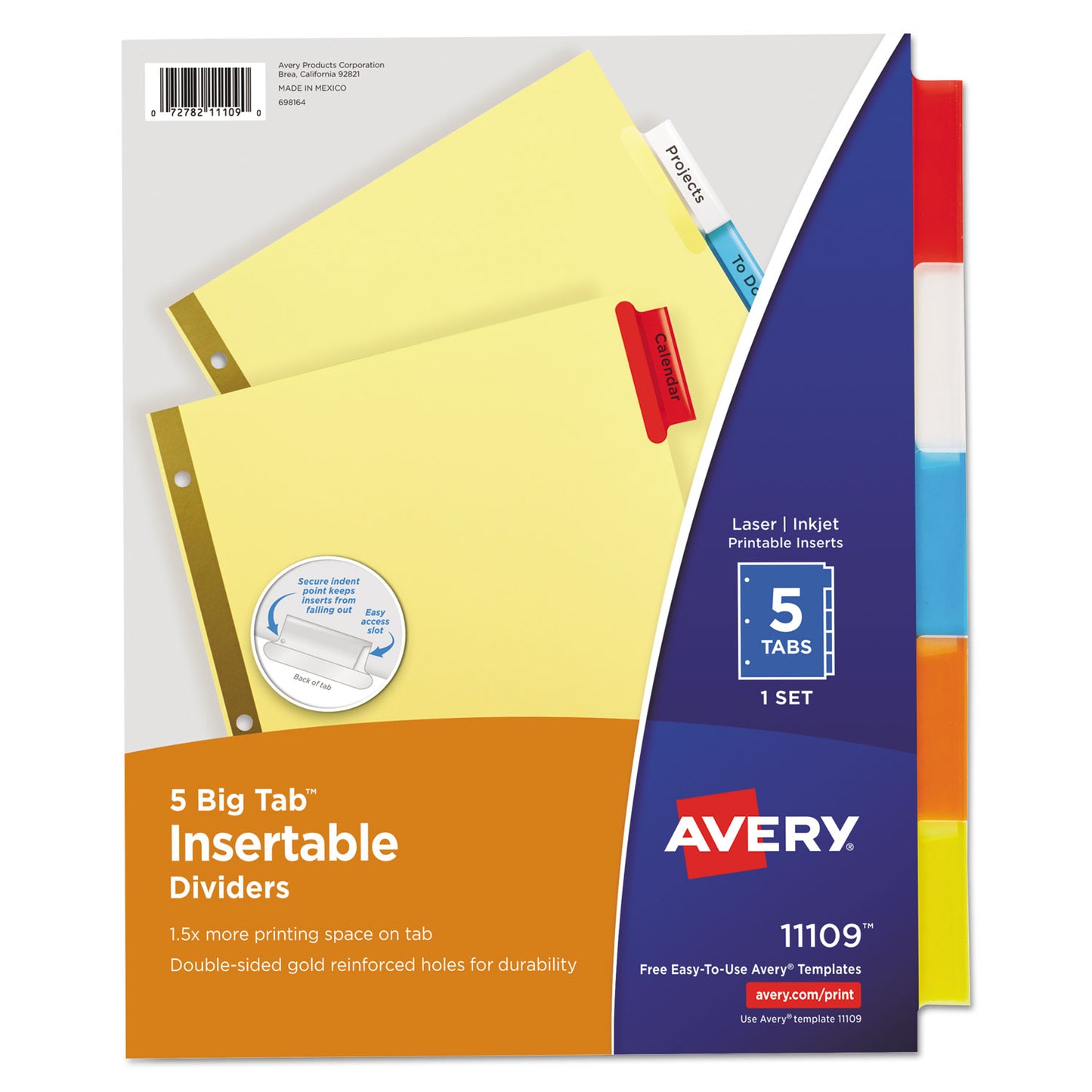 Avery Insertable Big Tab Dividers, 5-Tab, Double-Sided Gold Edge Reinforcing, 11 x 8.5, Buff, Assorted Tabs, 1 Set (11109)