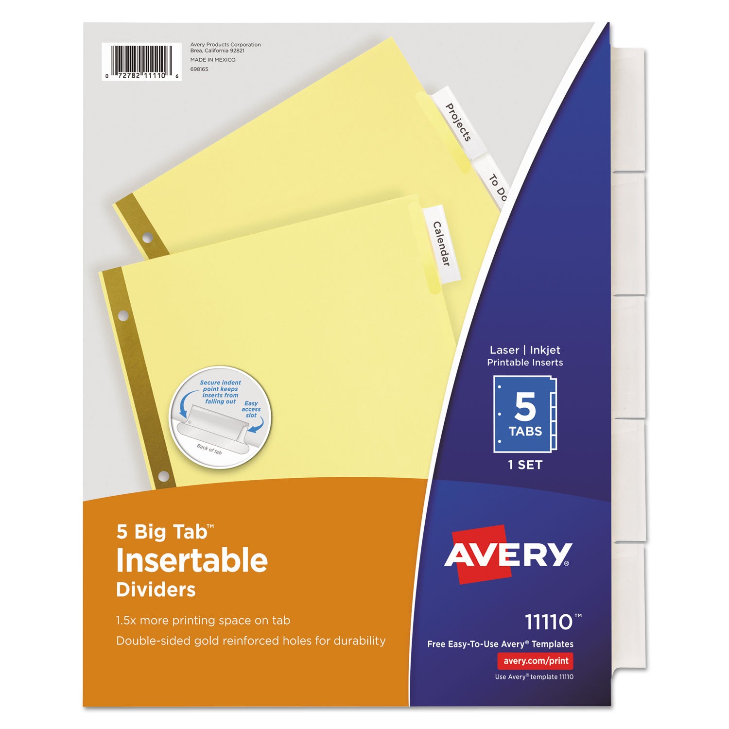 Avery Insertable Big Tab Dividers, 5-Tab, Double-Sided Gold Edge Reinforcing, 11 x 8.5, Buff, Clear Tabs, 1 Set (11110)