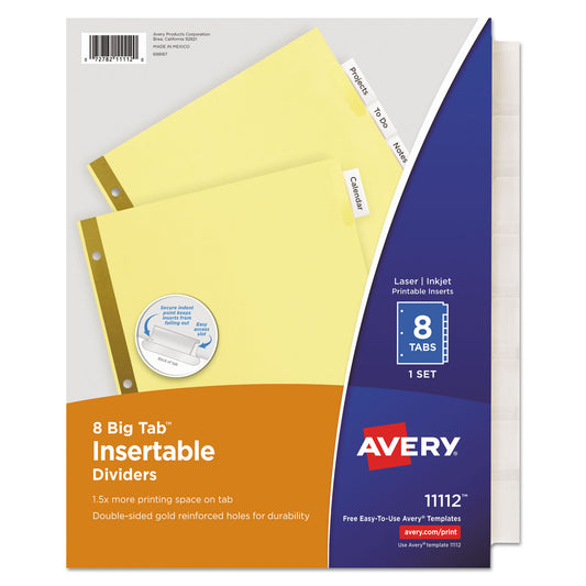 Avery Insertable Big Tab Dividers, 8-Tab, Double-Sided Gold Edge Reinforcing, 11 x 8.5, Buff, Clear Tabs, 1 Set (11112)