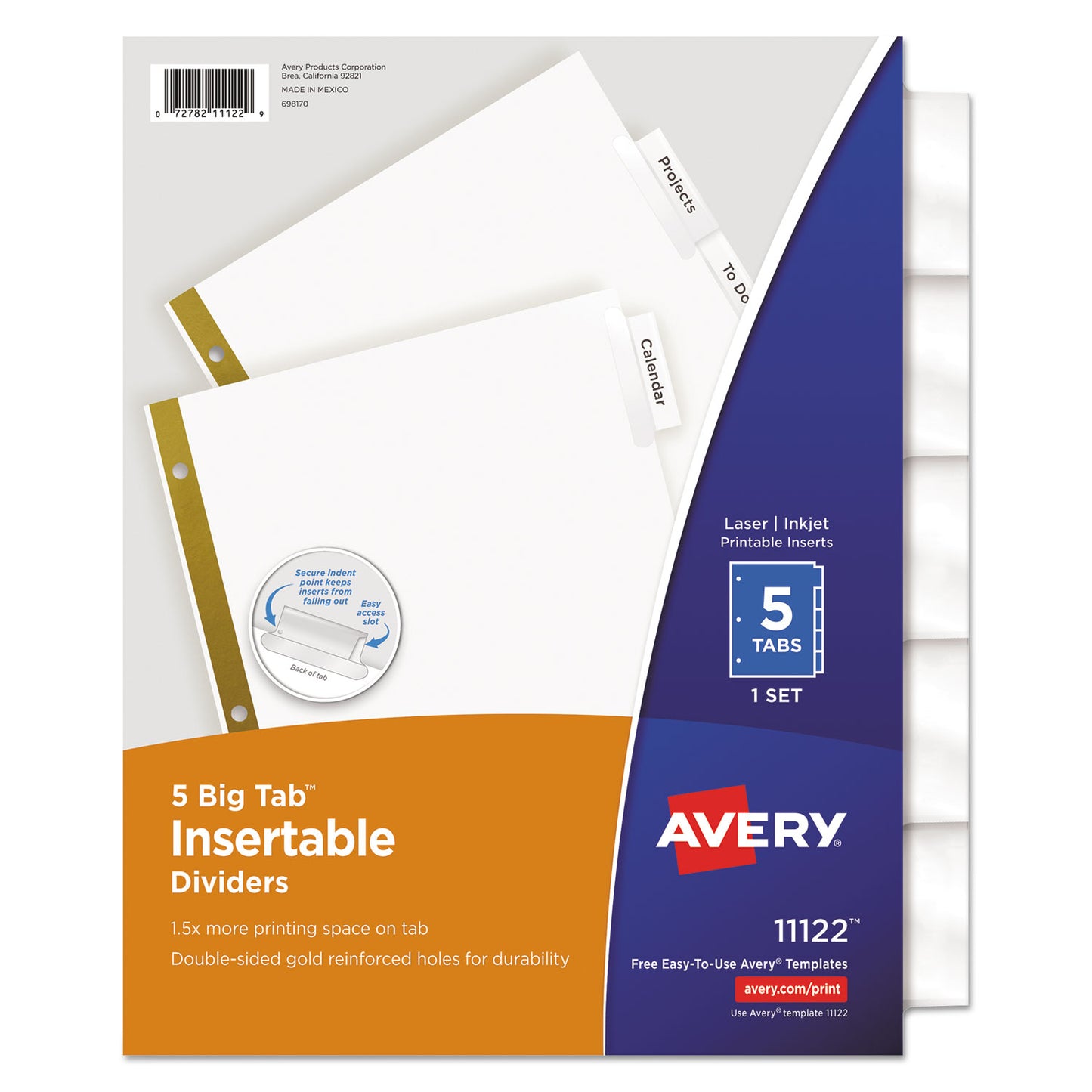 Avery Insertable Big Tab Dividers, 5-Tab, Double-Sided Gold Edge Reinforcing, 11 x 8.5, White, Clear Tabs, 1 Set (11122)