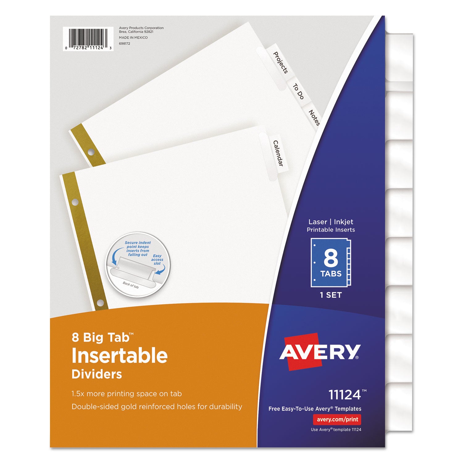 Avery Insertable Big Tab Dividers, 8-Tab, Double-Sided Gold Edge Reinforcing, 11 x 8.5, White, Clear Tabs, 1 Set (11124)