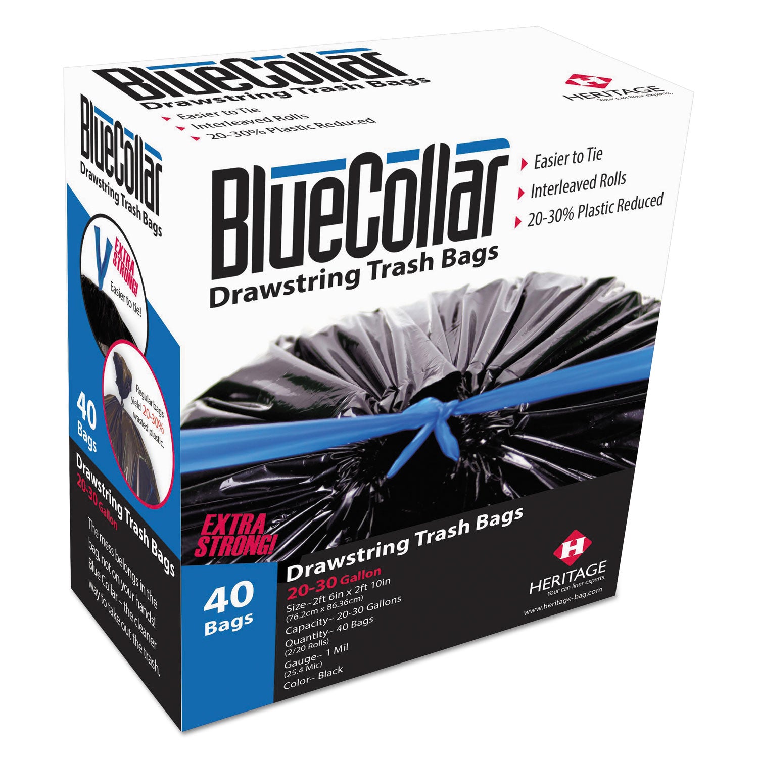 BlueCollar Drawstring Trash Bags, Drawstring, 30 gal, 1 mil, 30" x 34", Black, 20 Bags/Roll, 2 Rolls/Box (N6034YKRC1)