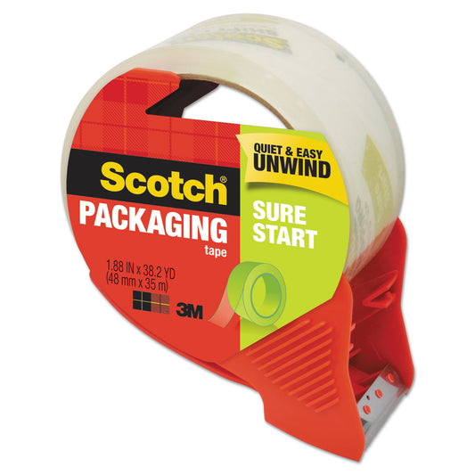 Scotch Sure Start Packaging Tape with Dispenser, 3" Core, 1.88" x 38.2 yds, Clear (3450SRD)