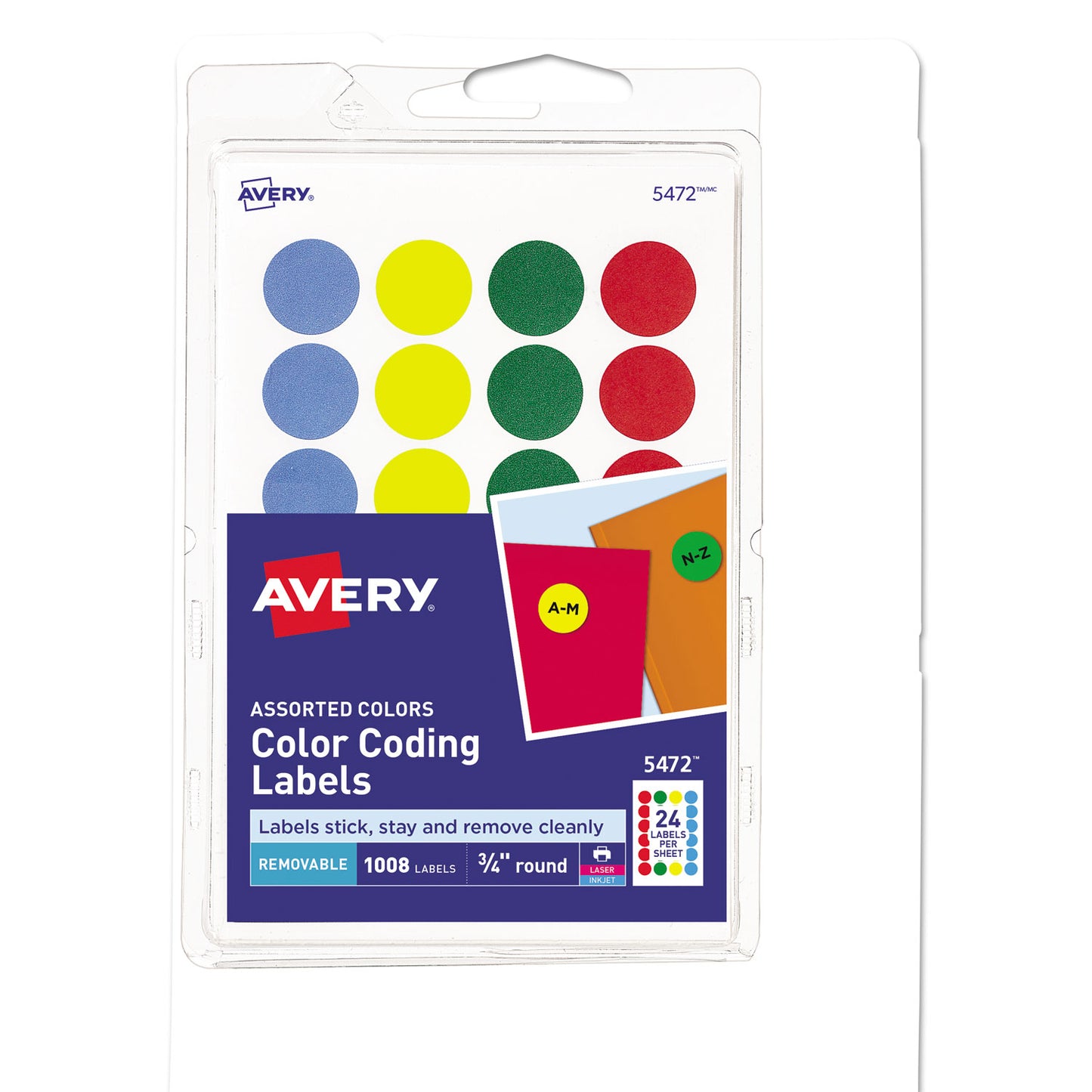 Avery Printable Self-Adhesive Removable Color-Coding Labels, 0.75" dia, Assorted Colors, 24/Sheet, 42 Sheets/Pack, (5472) (05472)