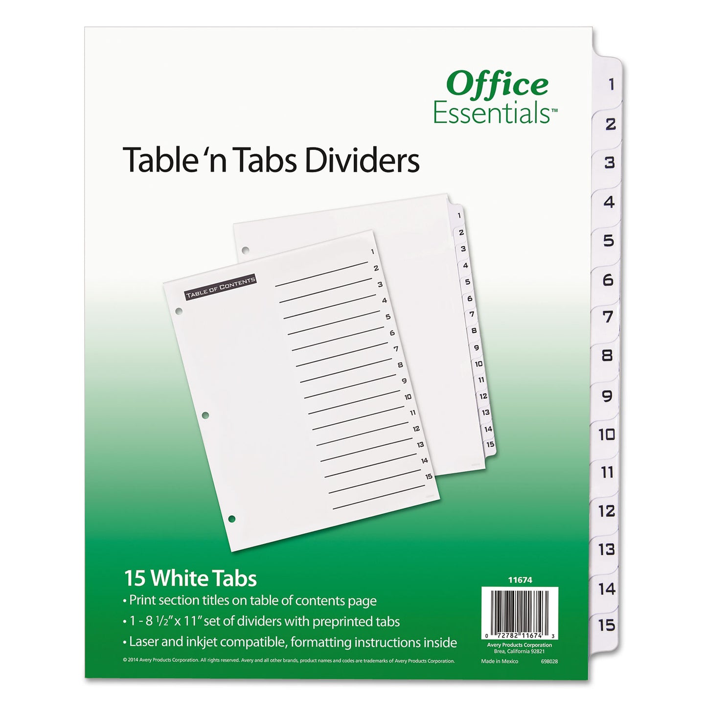 Office Essentials Table 'n Tabs Dividers, 15-Tab, 1 to 15, 11 x 8.5, White, White Tabs, 1 Set (11674)