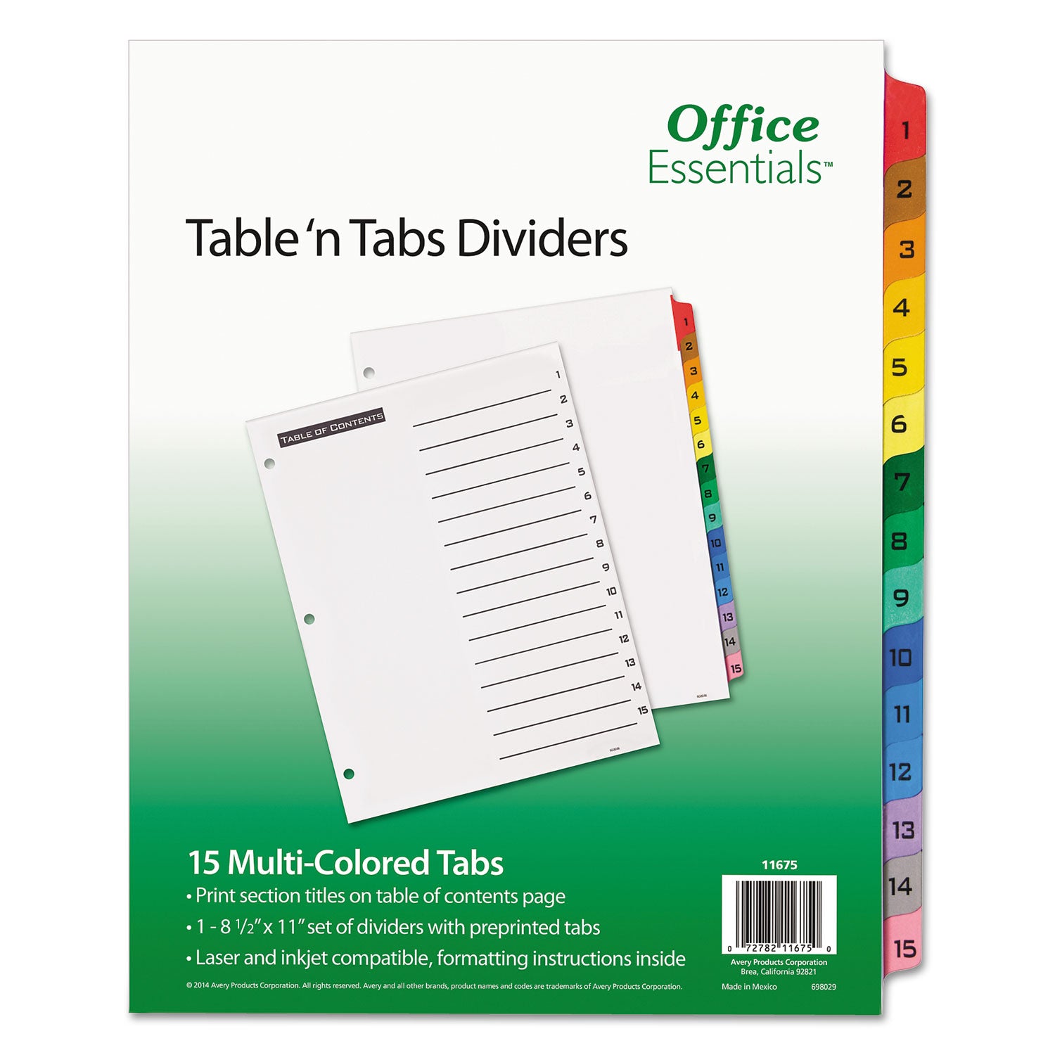 Office Essentials Table 'n Tabs Dividers, 15-Tab, 1 to 15, 11 x 8.5, White, Assorted Tabs, 1 Set (11675)