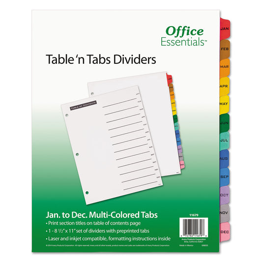 Office Essentials Table 'n Tabs Dividers, 12-Tab, Jan. to Dec., 11 x 8.5, White, Assorted Tabs, 1 Set (11679)