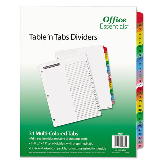 Office Essentials Table 'n Tabs Dividers, 31-Tab, 1 to 31, 11 x 8.5, White, Assorted Tabs, 1 Set (11681)