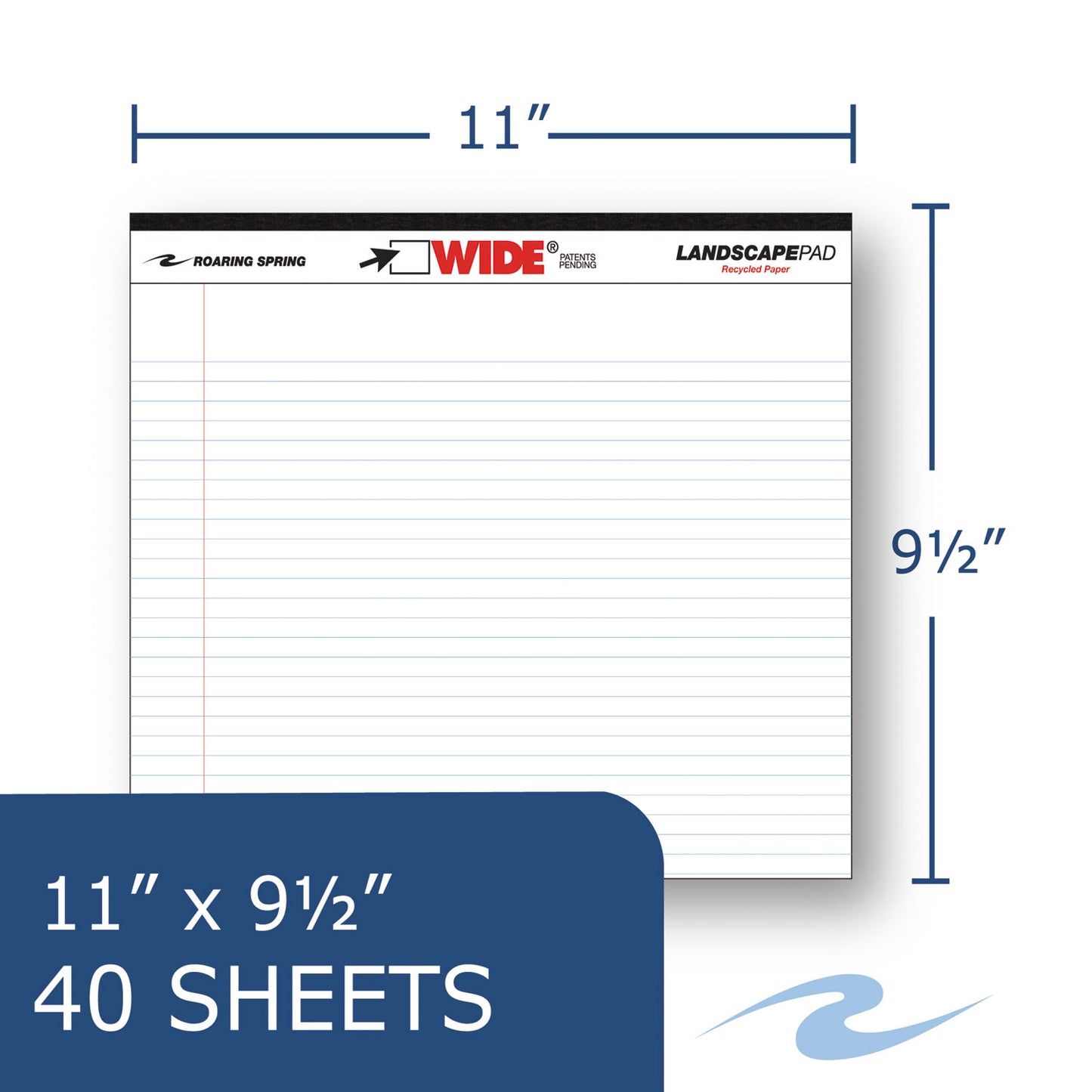 Roaring Spring WIDE Landscape Format Writing Pad, Unpunched with Standard Back, Medium/College Rule, 40 White 11 x 9.5 Sheets (74500)