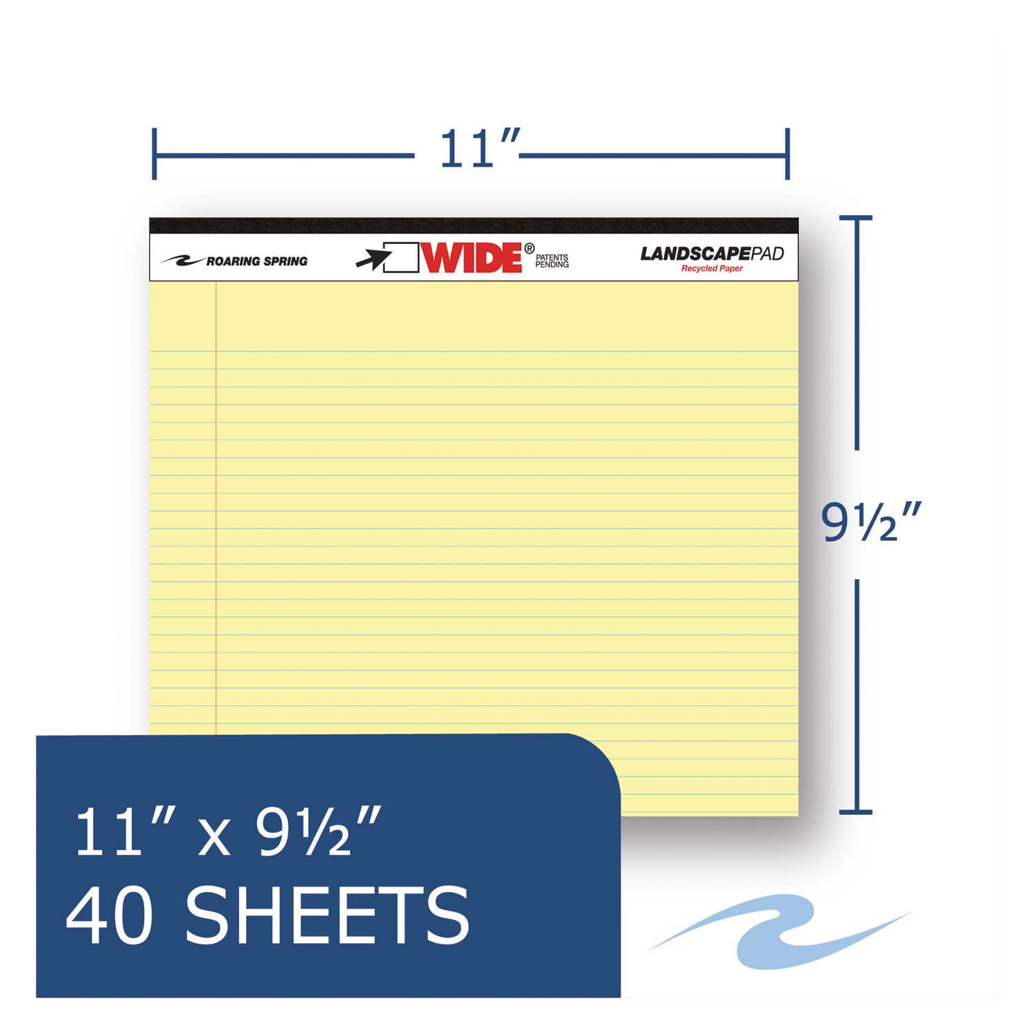 Roaring Spring WIDE Landscape Format Writing Pad, Unpunched with Standard Back, Medium/College Rule, 40 Canary-Yellow 11 x 9.5 Sheets (74501)