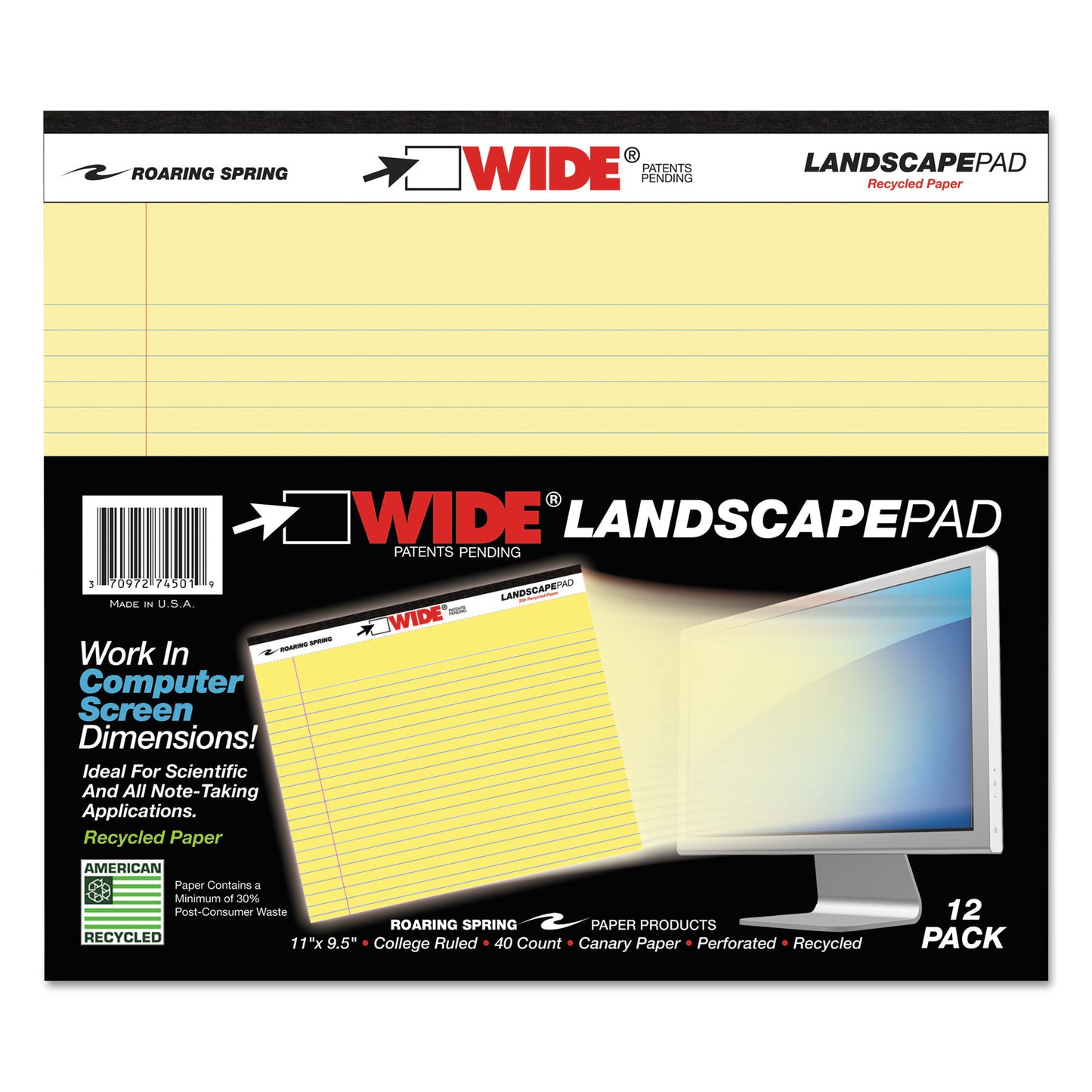 Roaring Spring WIDE Landscape Format Writing Pad, Unpunched with Standard Back, Medium/College Rule, 40 Canary-Yellow 11 x 9.5 Sheets (74501)