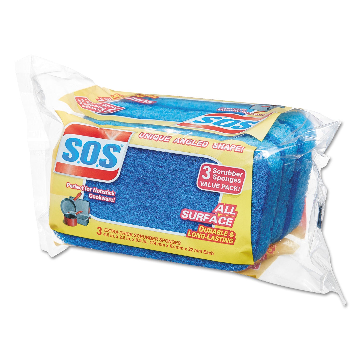 S.O.S. All Surface Scrubber Sponge, 2.5 x 4.5, 0.9" Thick, Dark Blue, 3/Pack, 8 Packs/Carton (91028CT)