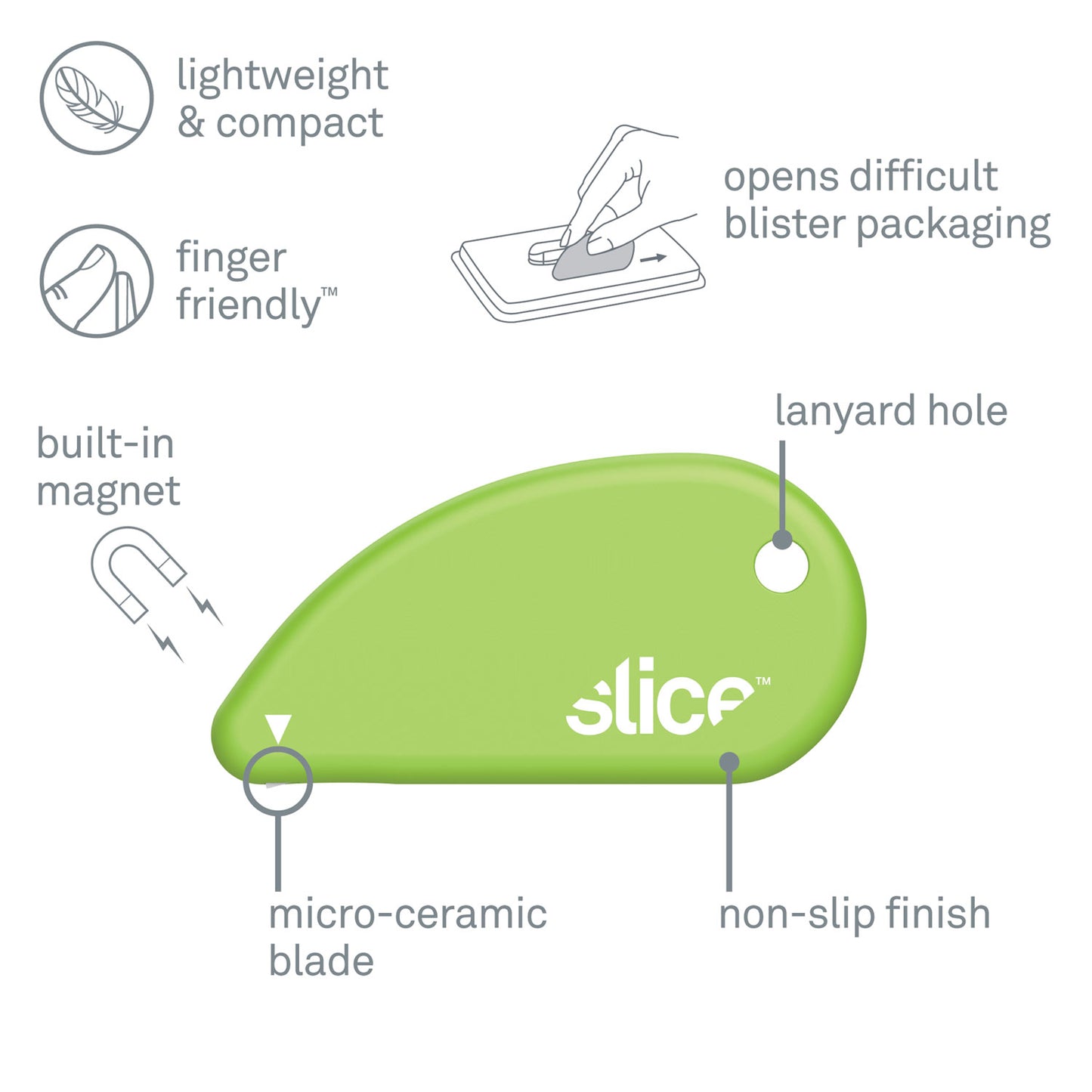 slice Safety Cutters, Fixed, Non Replaceable Micro Safety Blade, 0.1" Ceramic Blade, 2.4" Plastic Handle, Green (00200)