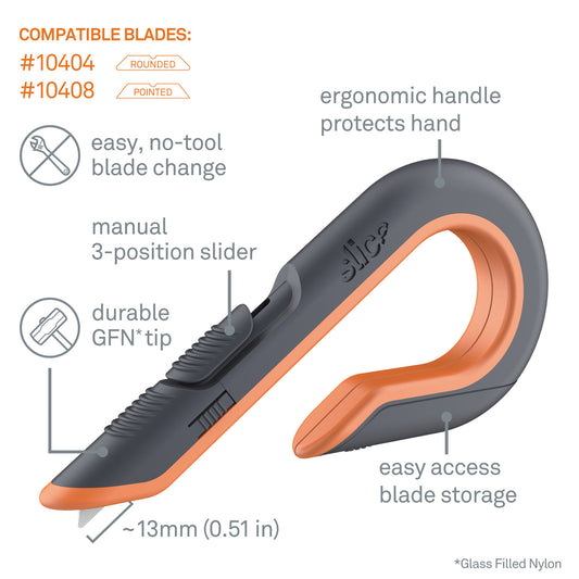 slice Box Cutters, Double Sided, Replaceable, 1.29" Carbon Steel Blade, 7" Nylon Handle, Gray/Orange (10400)