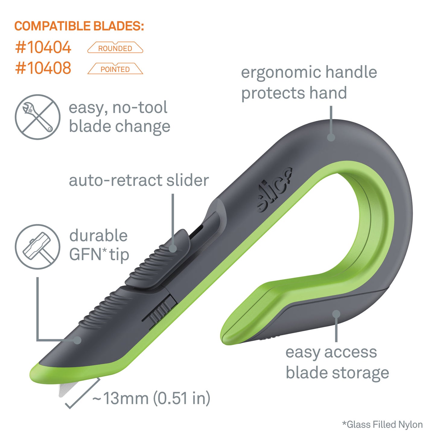 slice Box Cutters, Double Sided, Replaceable, 1.29" Stainless Steel Blade, 7" Nylon Handle, Gray/Green (10503)