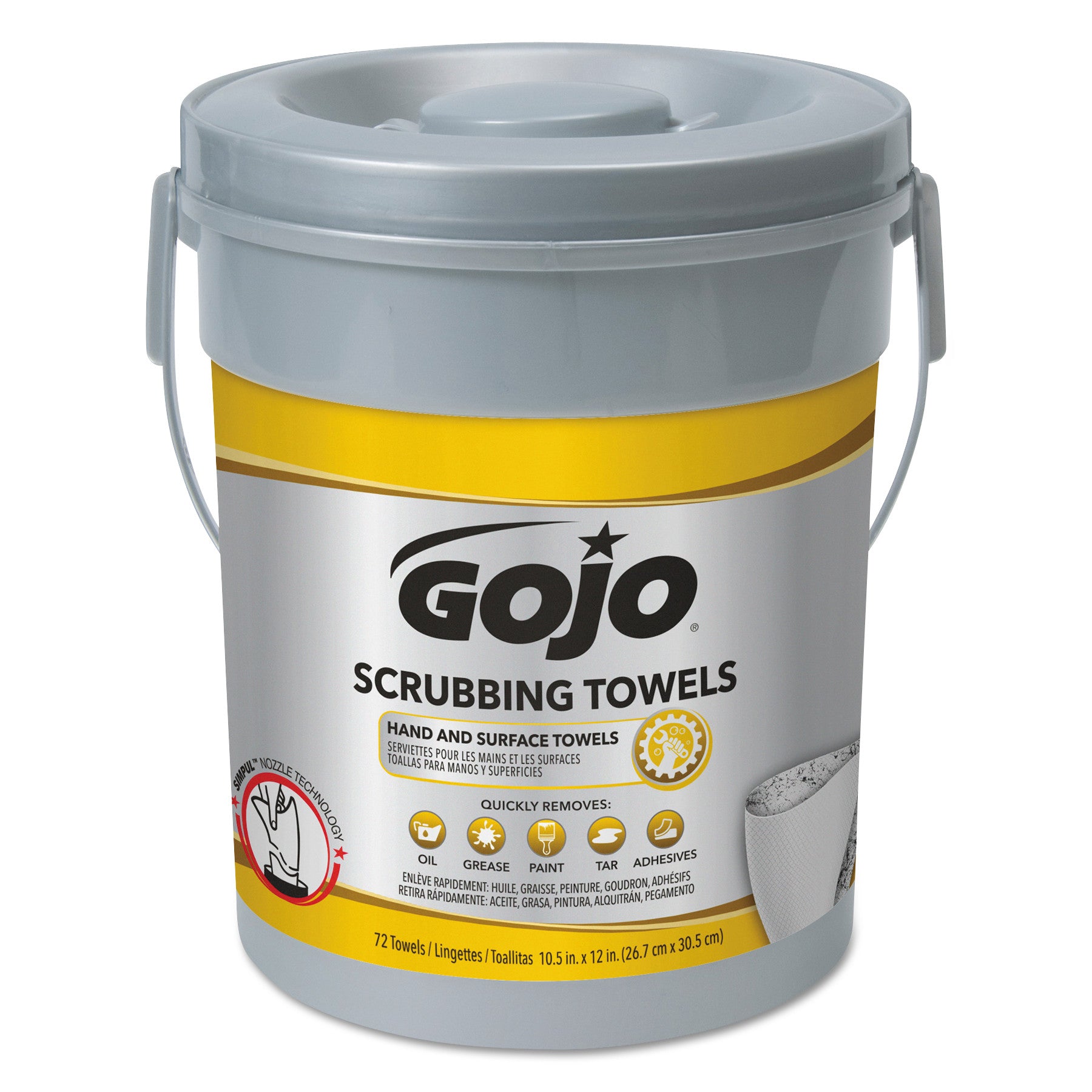 GOJO Scrubbing Towels, Hand Cleaning, 2-Ply, 10.5 x 12, Fresh Citrus, Silver/Yellow, 72/Bucket (639606EA)