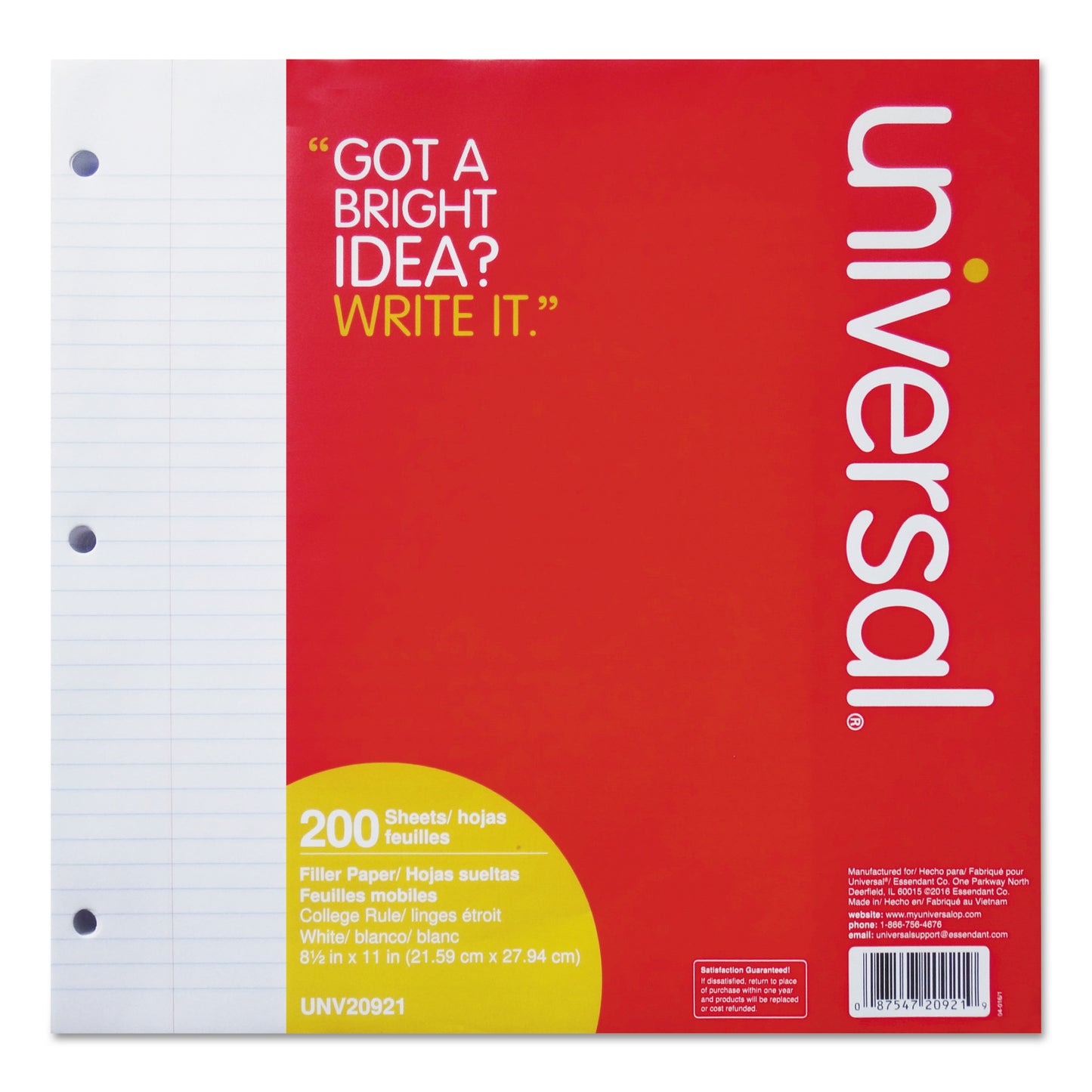 Universal Filler Paper, 3-Hole, 8.5 x 11, Medium/College Rule, 200/Pack (20921)